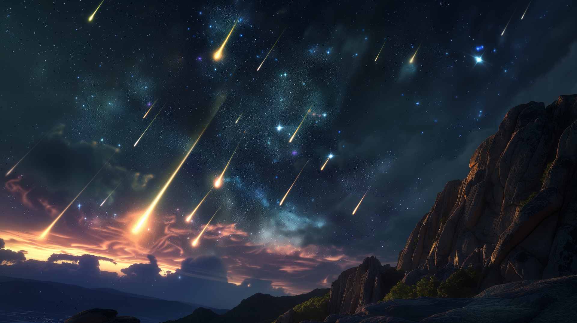 Stunning HD desktop wallpaper of a meteor shower lighting up the starry night sky above a rocky landscape.