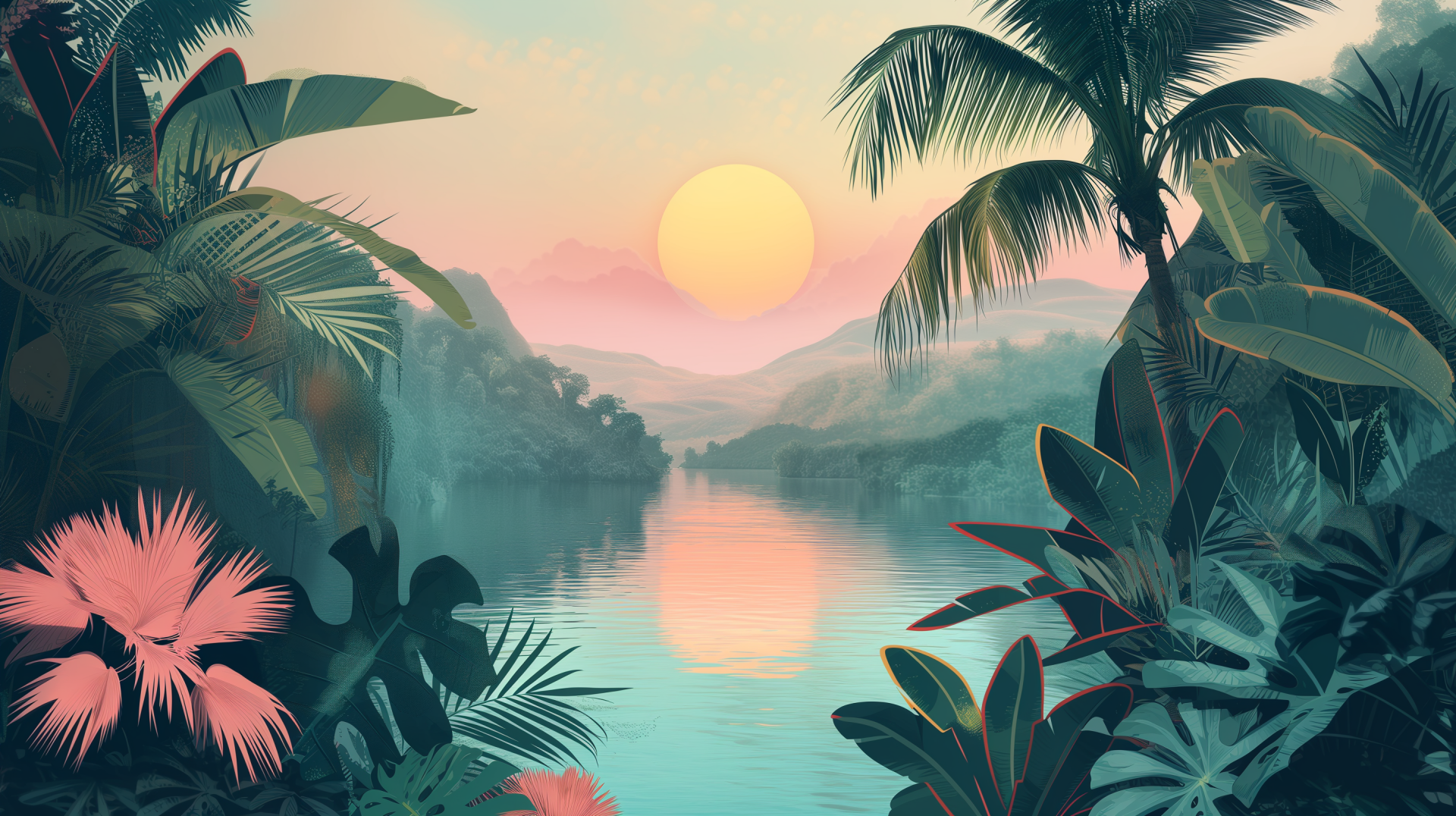 HD desktop wallpaper featuring a serene nature scene with lush foliage at sunset, reflecting in the calm waters of a river.