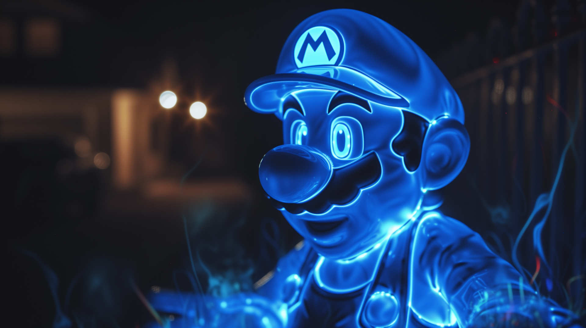 HD wallpaper featuring a neon blue illuminated illustration of the iconic video game character Mario for desktop backgrounds.