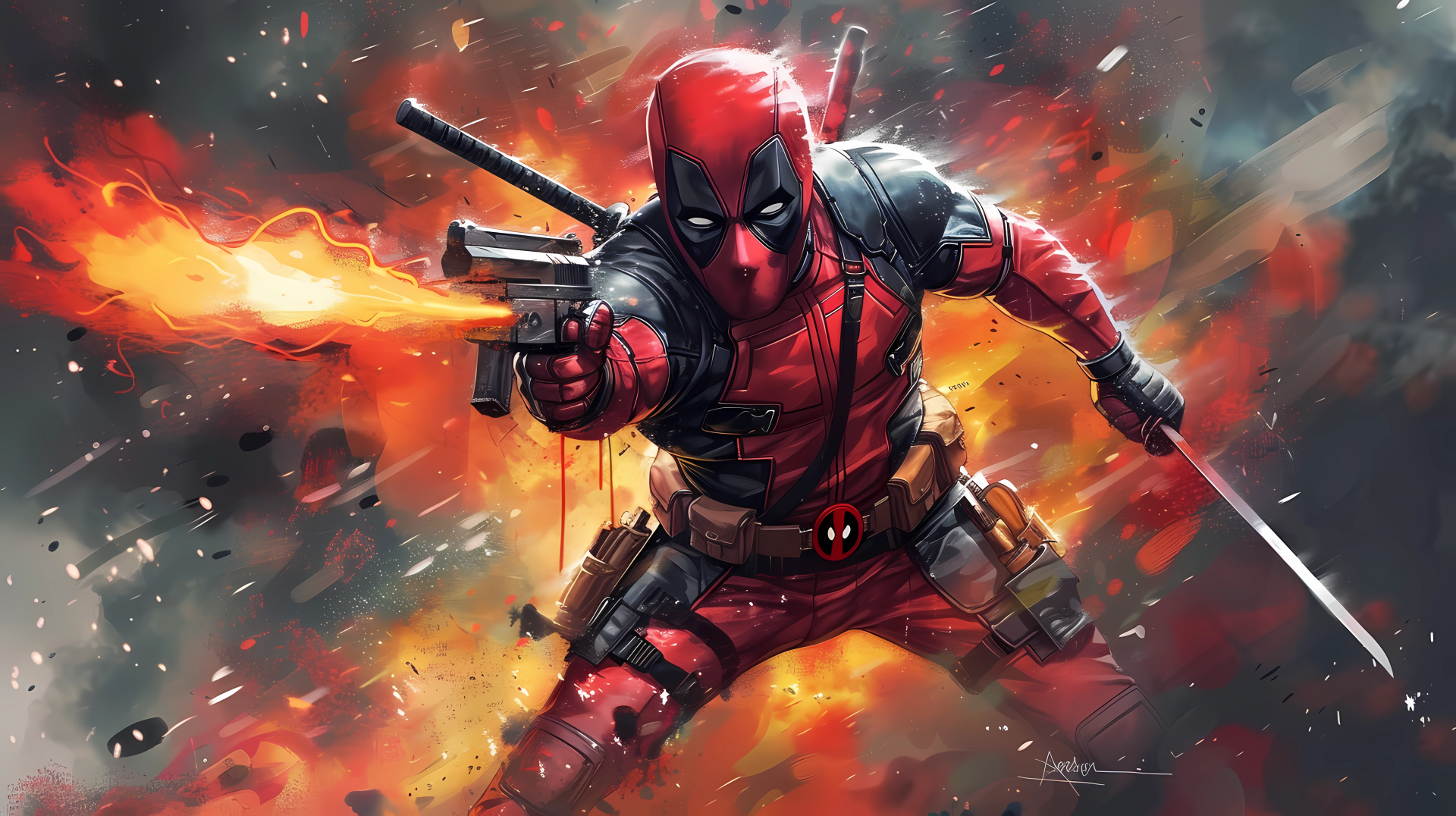 HD Deadpool fan art wallpaper featuring the dynamic character in action with a sword and gun against an explosive background.