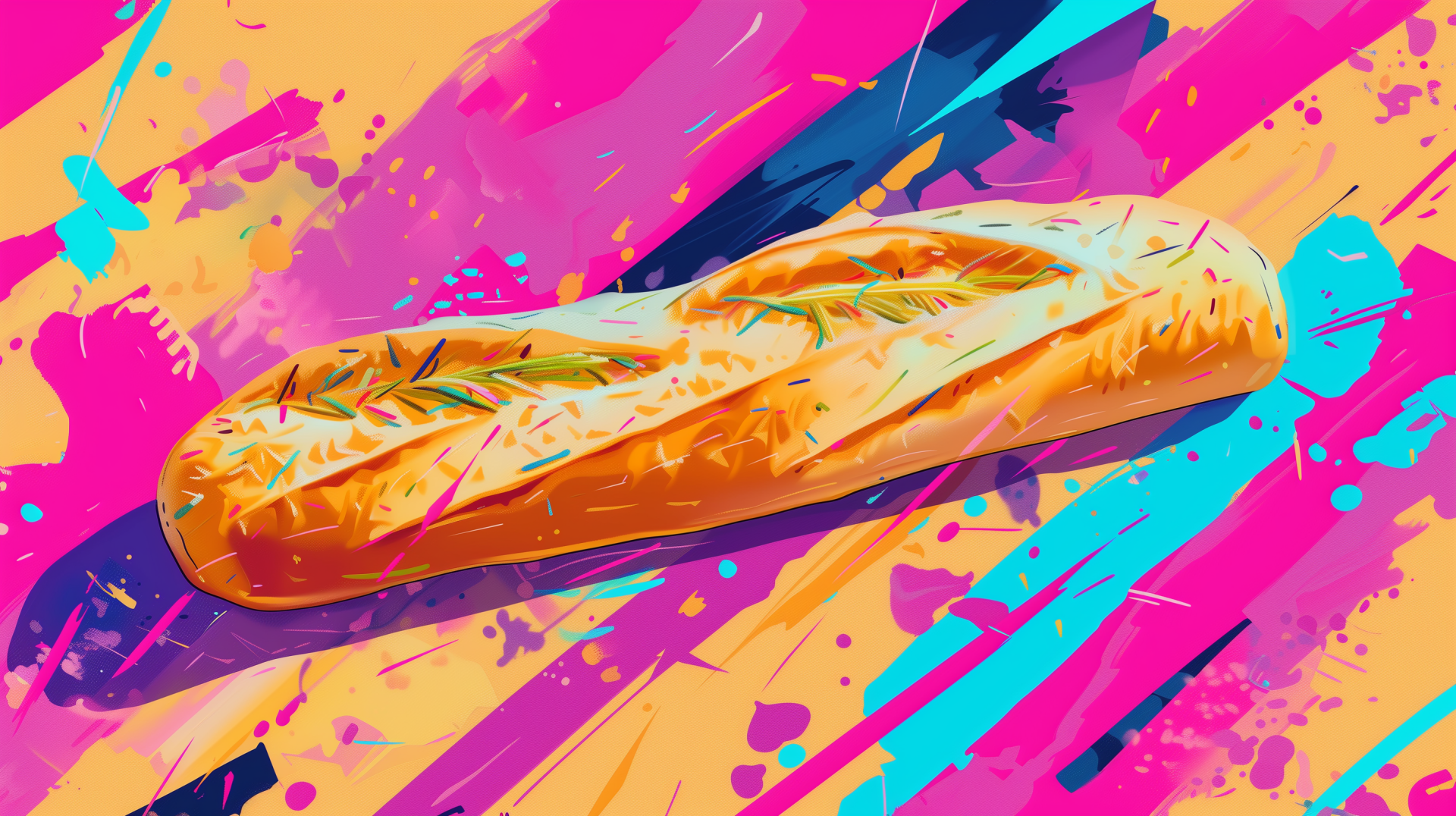 A vibrant digital wallpaper featuring a golden baguette against a colorful, abstract background, showcasing a blend of pinks, blues, and yellows for a lively kitchen aesthetic.
