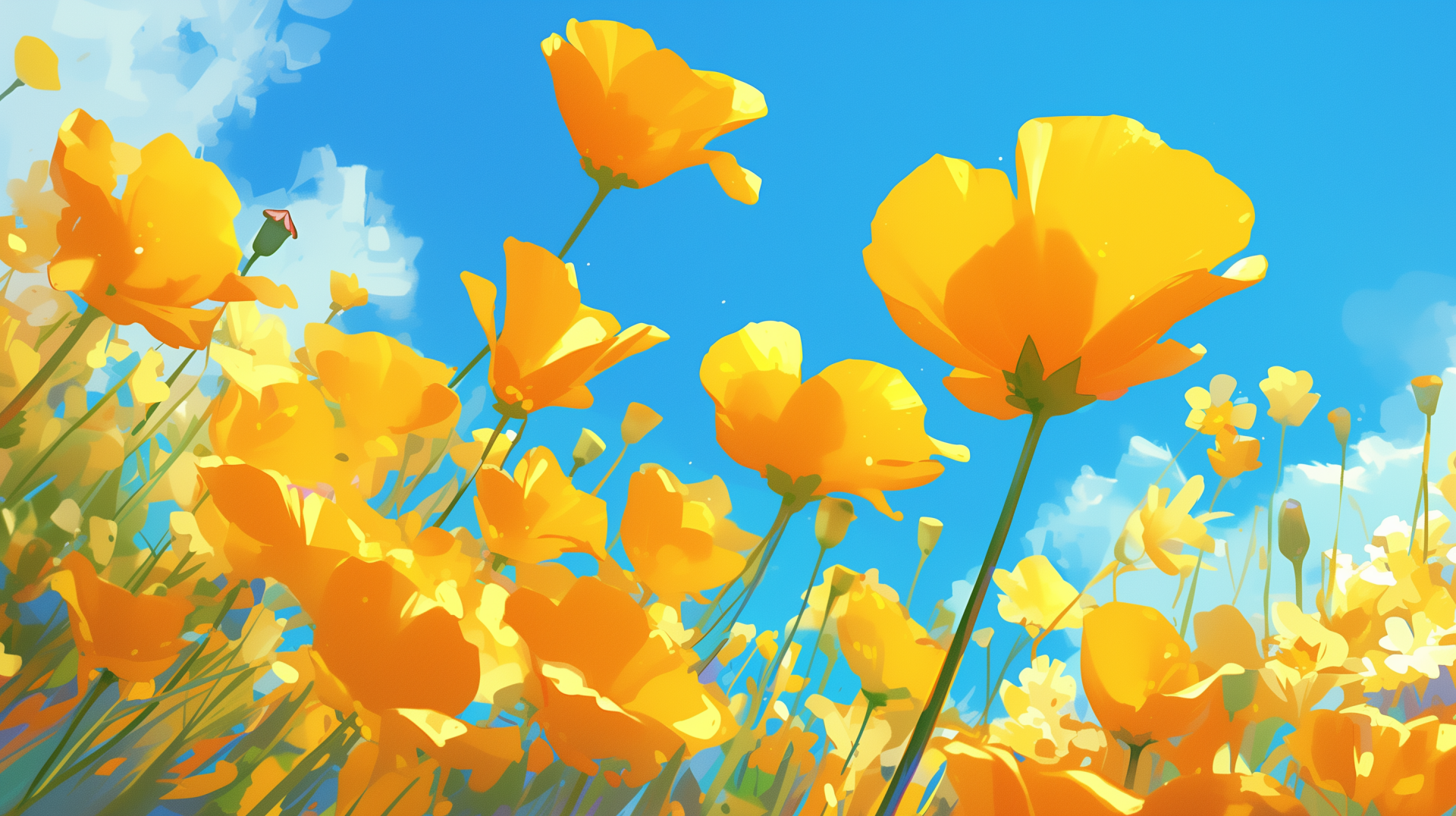 Bright orange California poppies against a blue sky, HD nature desktop wallpaper and background.