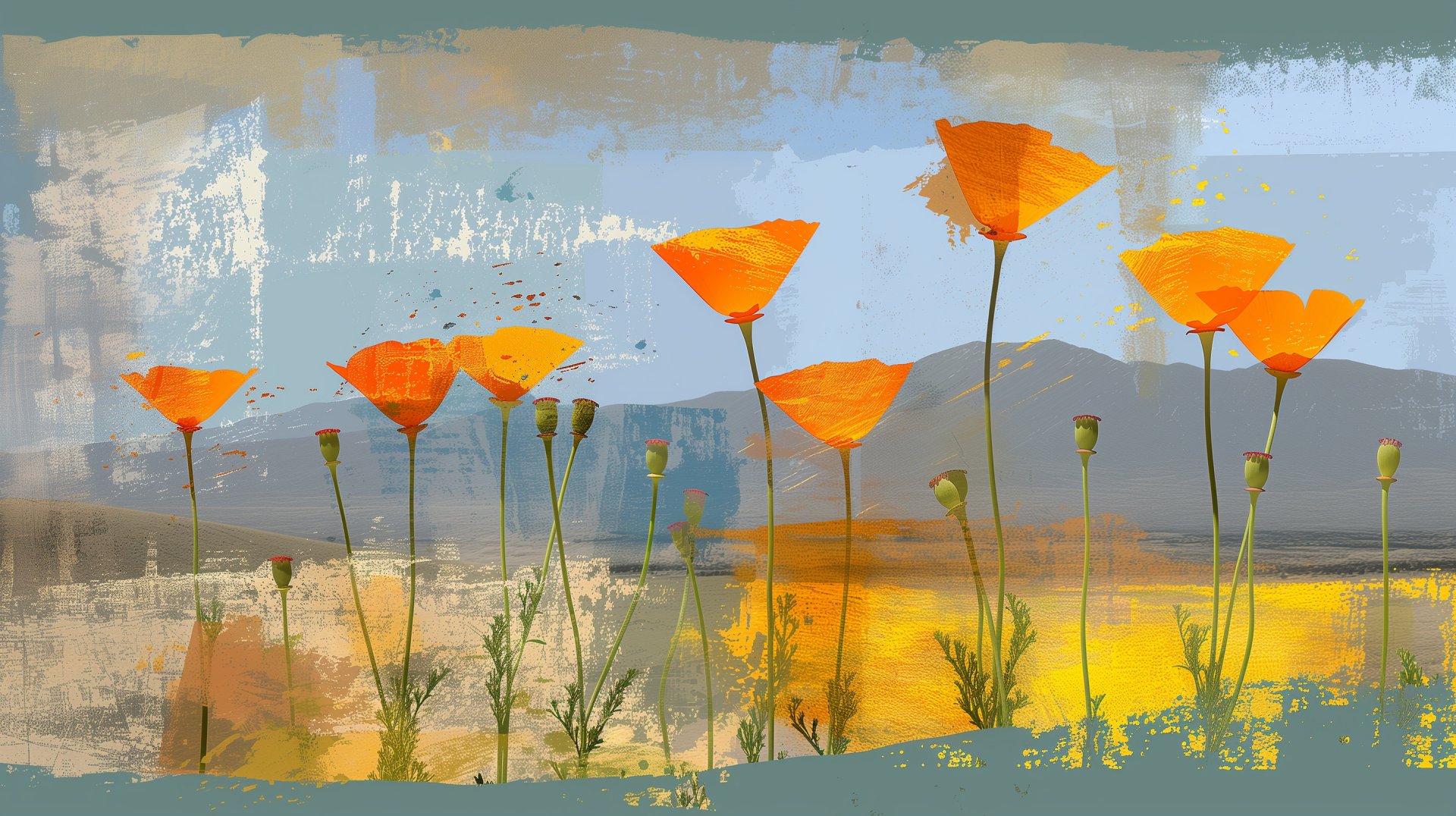 A vibrant display of California poppies in bright orange bloom against a textured background of soft blues and earth tones, creating a stunning nature-inspired HD wallpaper.