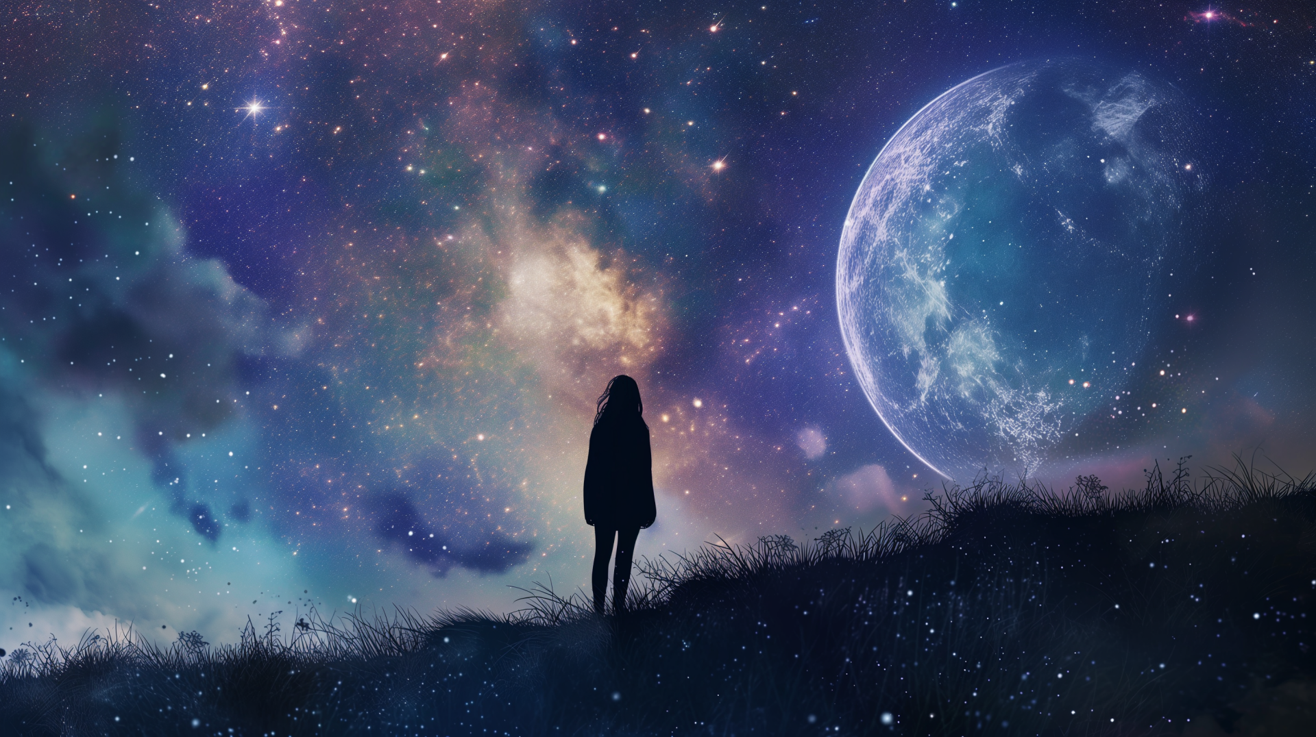 A silhouette of a person gazes at a mesmerizing starry night sky, filled with vibrant colors and a large moon, capturing the beauty of stargazing in this HD wallpaper.