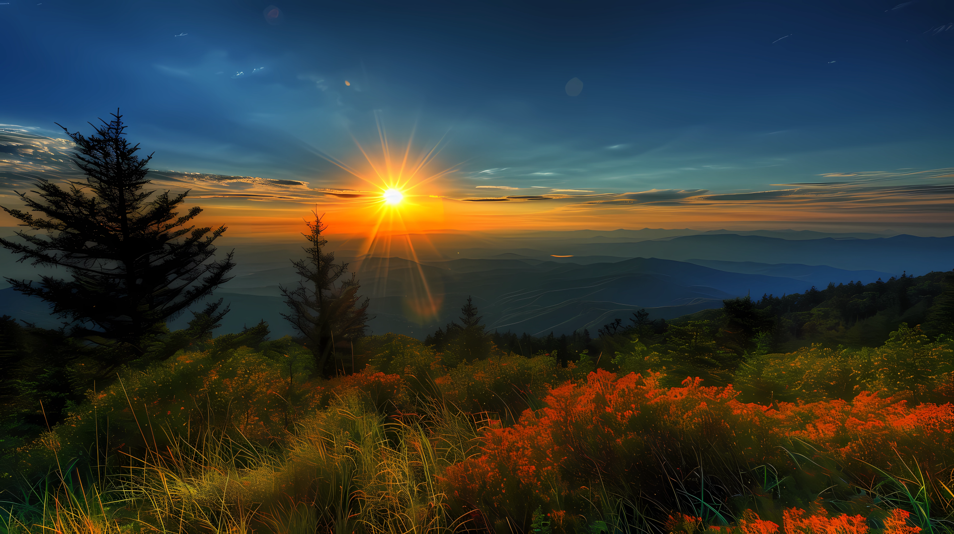 Stunning HD desktop wallpaper of sunset over horizon with vibrant landscape view, featuring silhouette of pine trees and wildflowers.