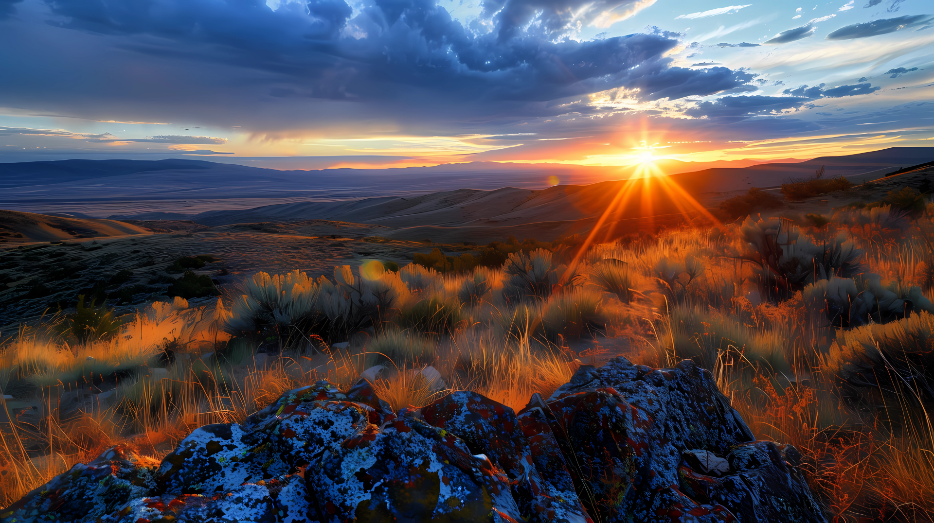 Sunset over plains with vibrant sky and horizon, HD wallpaper and background.