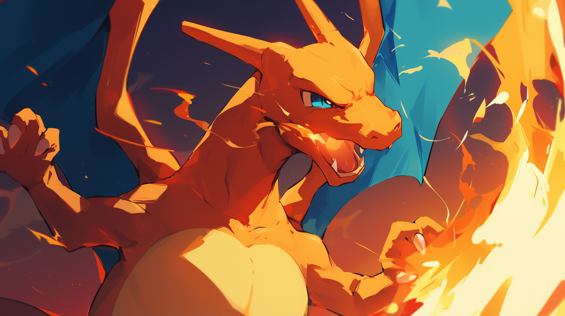 An HD desktop wallpaper featuring Charizard from Pokémon, caught mid-battle with flames bursting from its mouth, showcasing its fierce expression and powerful stance.