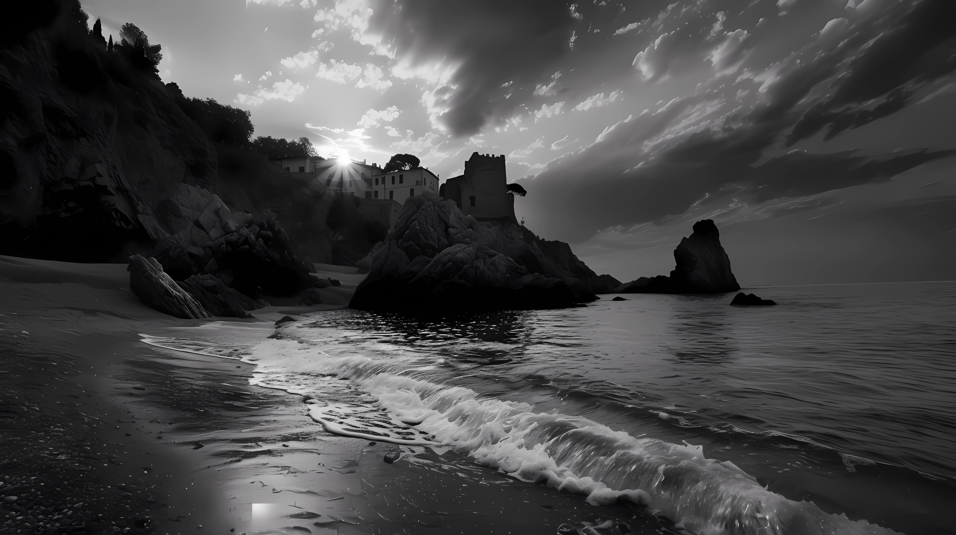 HD wallpaper of a dramatic Italian coastline with sun peeking through clouds, highlighting waves on the beach and a historic building on cliffs.