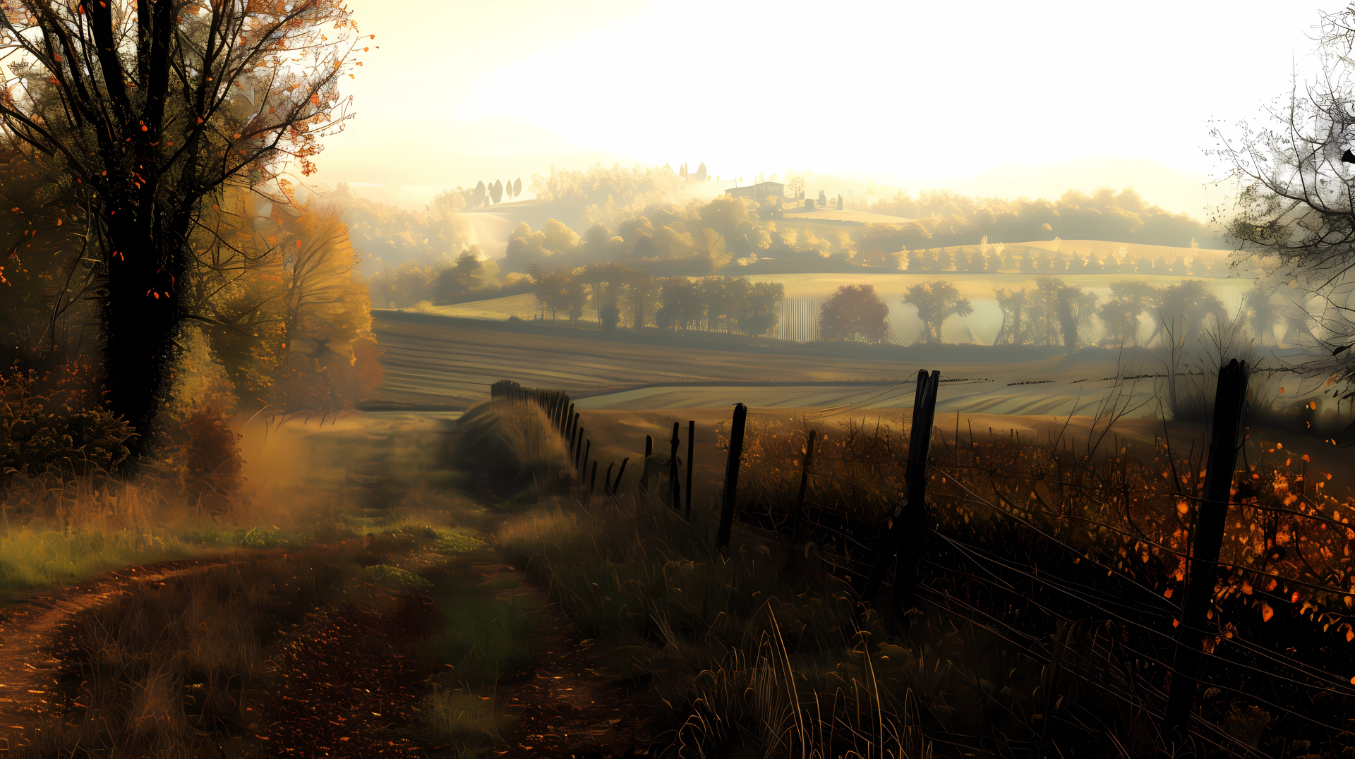 A serene Tuscany landscape featuring a winding path, vibrant autumn foliage, and rolling hills, creating a stunning HD wallpaper that captures Italy’s natural beauty.