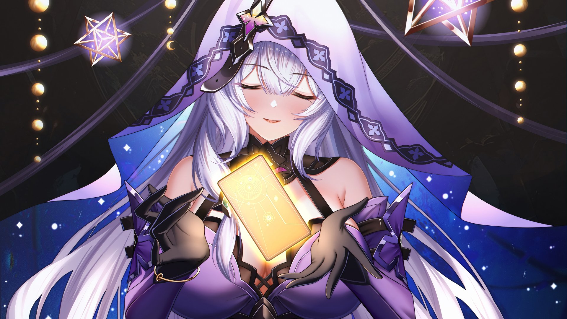 HD wallpaper featuring Black Swan from Honkai: Star Rail video game, showcasing the character in a mystical pose with a glowing card and celestial background.