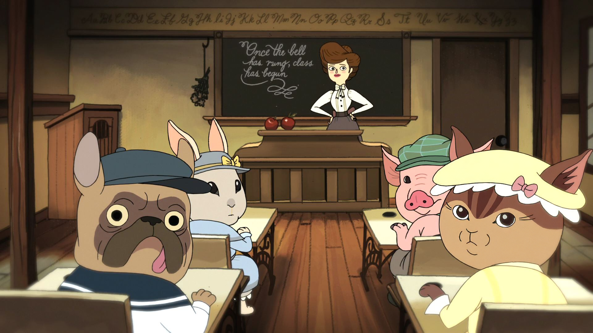 HD desktop wallpaper featuring characters from the TV show Over the Garden Wall, with animated animals attentively sitting in a classroom setting.