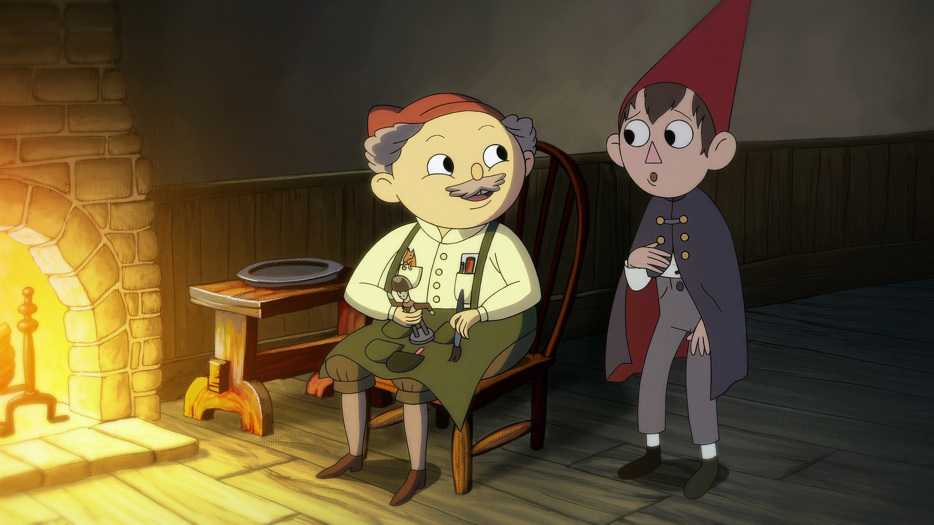 HD wallpaper featuring characters from the TV show Over the Garden Wall, depicted in a cozy, warmly lit interior scene.