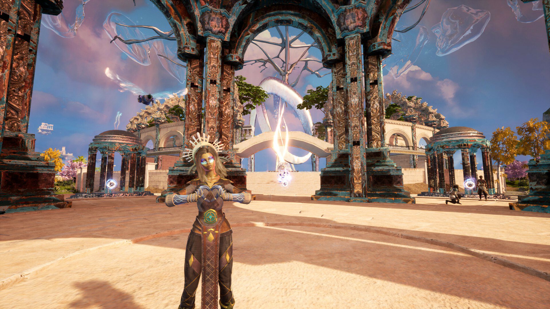 HD wallpaper from the video game Islands of Insight featuring a character standing in a majestic open-air temple with ornate structures and mystical elements under a clear sky.