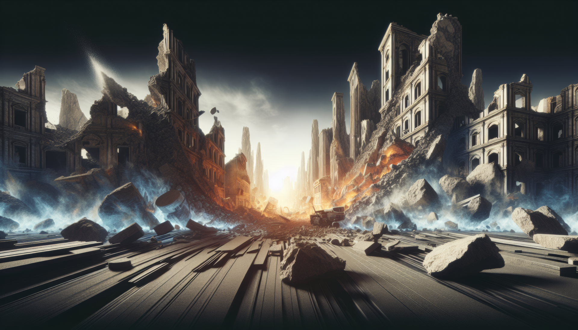 HD desktop wallpaper depicting a dramatic earthquake scene with crumbling buildings and scattered debris, illustrating a powerful natural disaster.