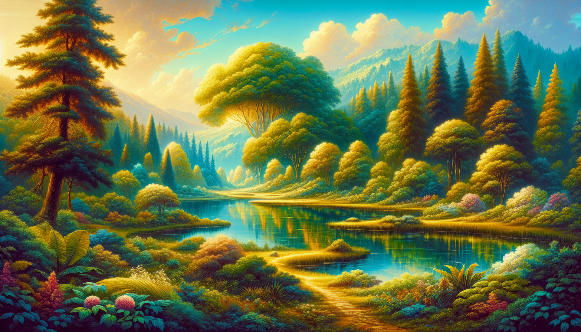 HD desktop wallpaper featuring a vibrant, fantasy landscape with lush green trees, a serene river, and colorful foliage with mountains in the background, evoking a peaceful and idyllic scenery.