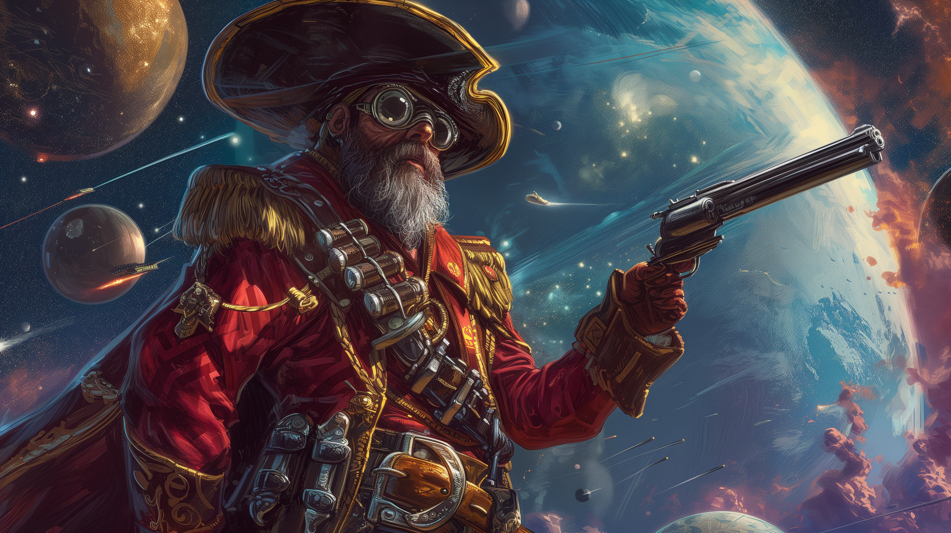 HD desktop wallpaper of a sci-fi space pirate with a futuristic pistol, set against a backdrop of distant planets and starfields.