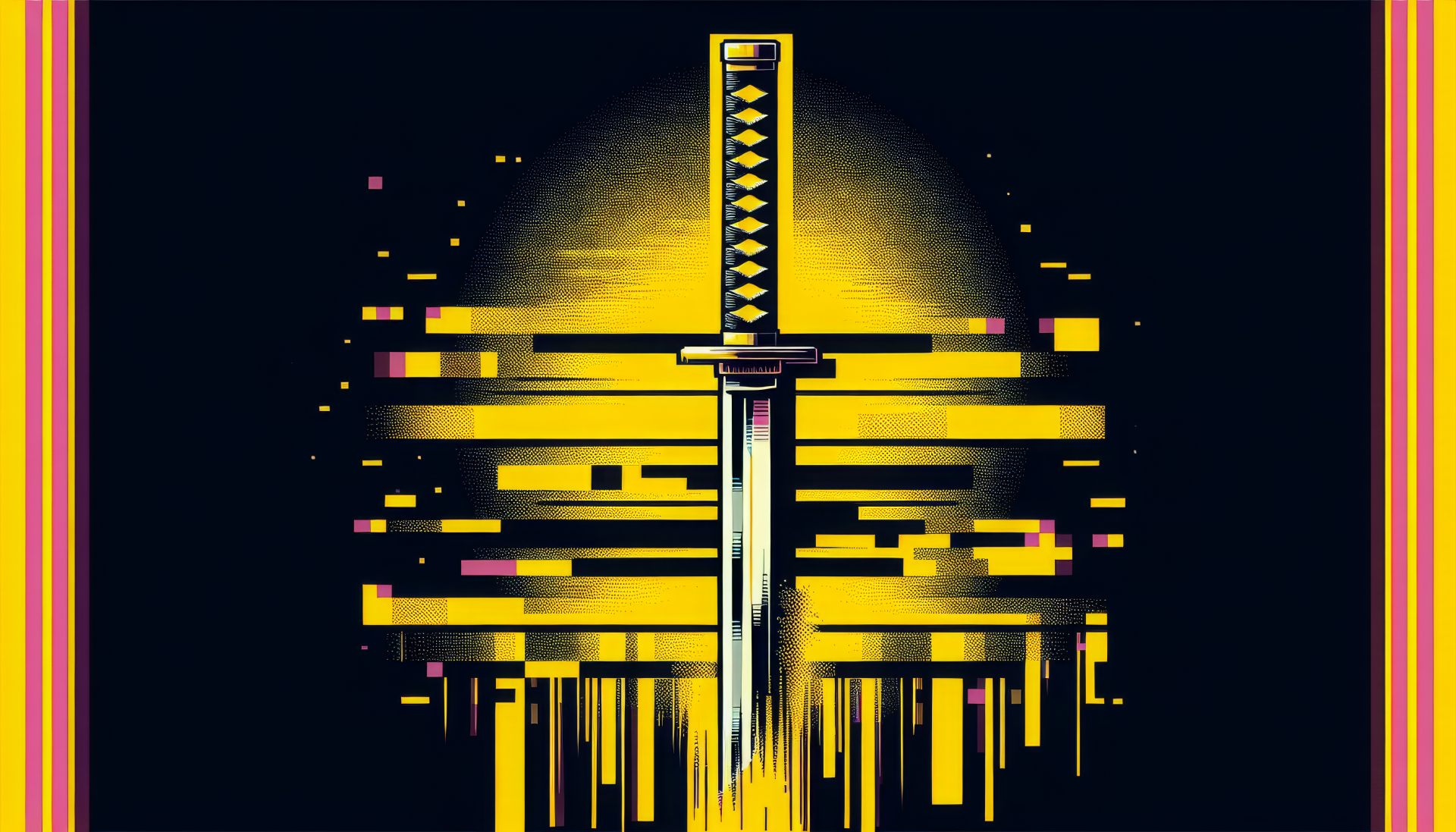HD desktop wallpaper featuring an abstract ninja sword with glowing yellow and black digital effects against a dark background.