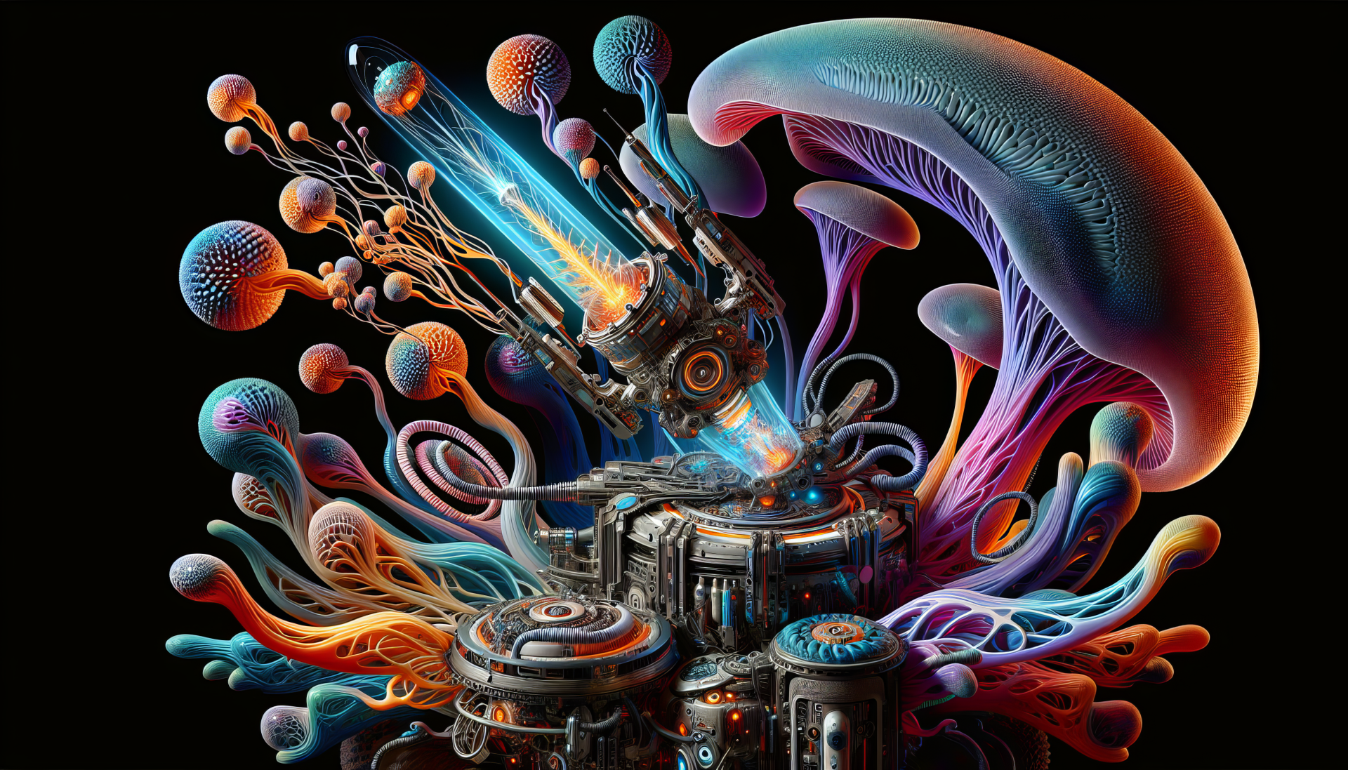 A vibrant HD desktop wallpaper depicting a futuristic death ray surrounded by colorful organic shapes and glowing elements, creating a striking and imaginative visual experience.