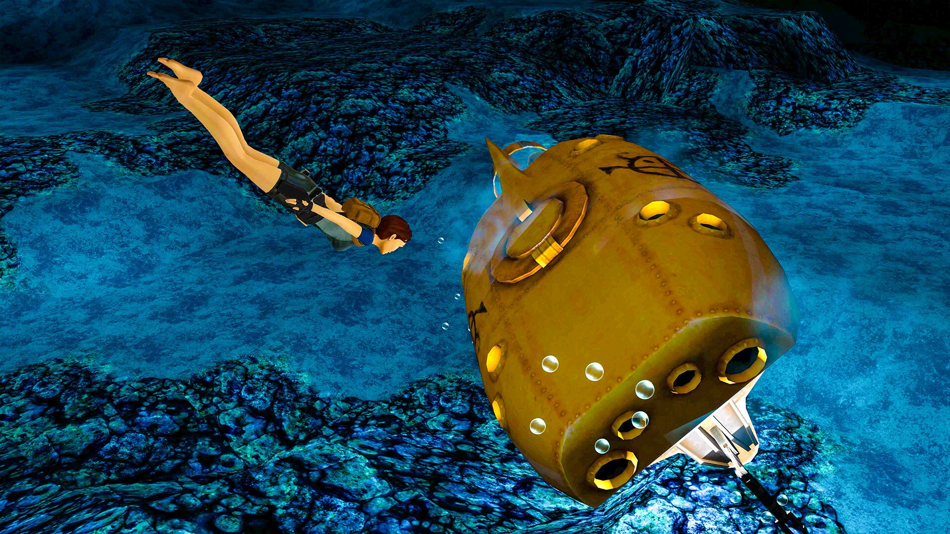 HD Wallpaper of Tomb Raider I–III Remastered underwater scene with the main character swimming next to a sunken artifact.