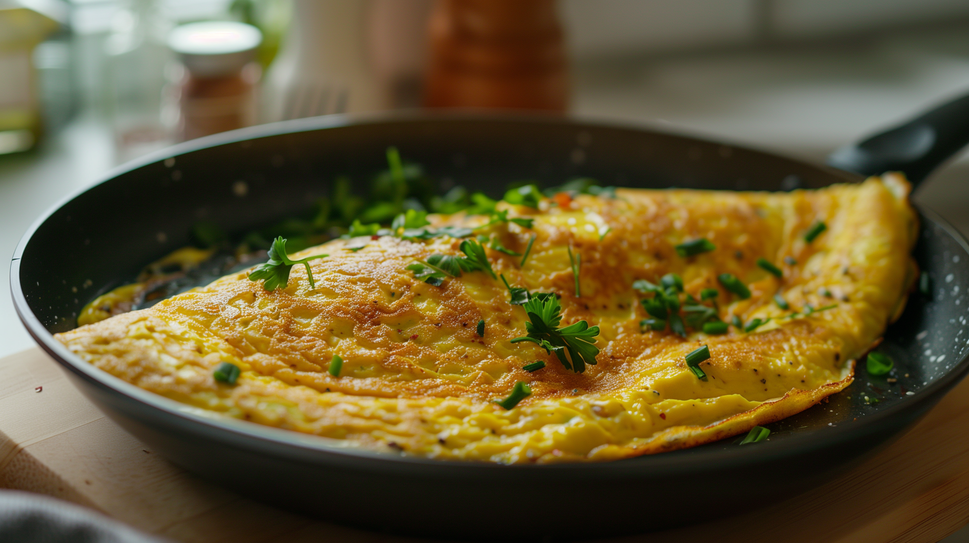 A beautifully cooked omelette garnished with fresh herbs, showcasing vibrant yellow hues. This HD desktop wallpaper brings the delicious allure of food to your screen.