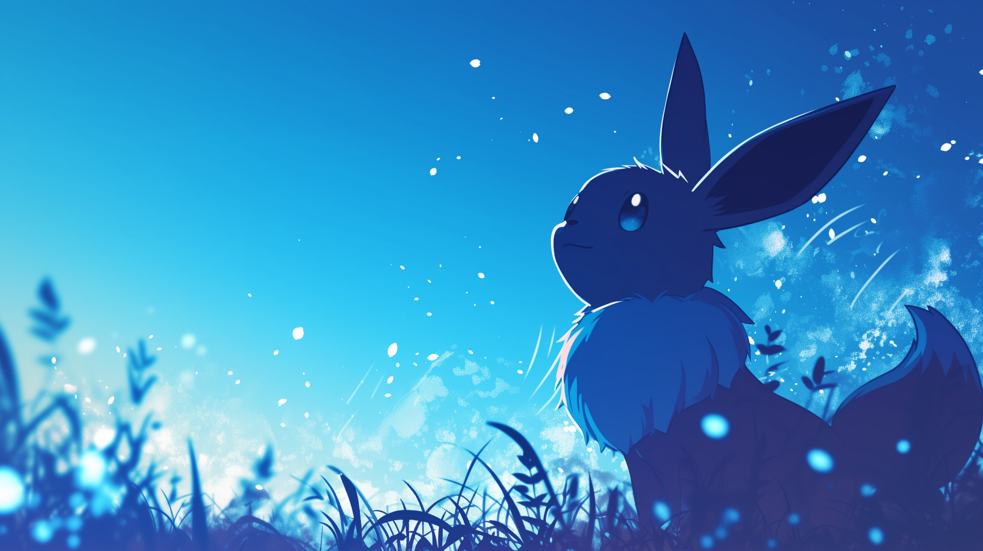 HD Wallpaper of Pokémon Eevee in a magical blue field with sparkling lights for desktop background.