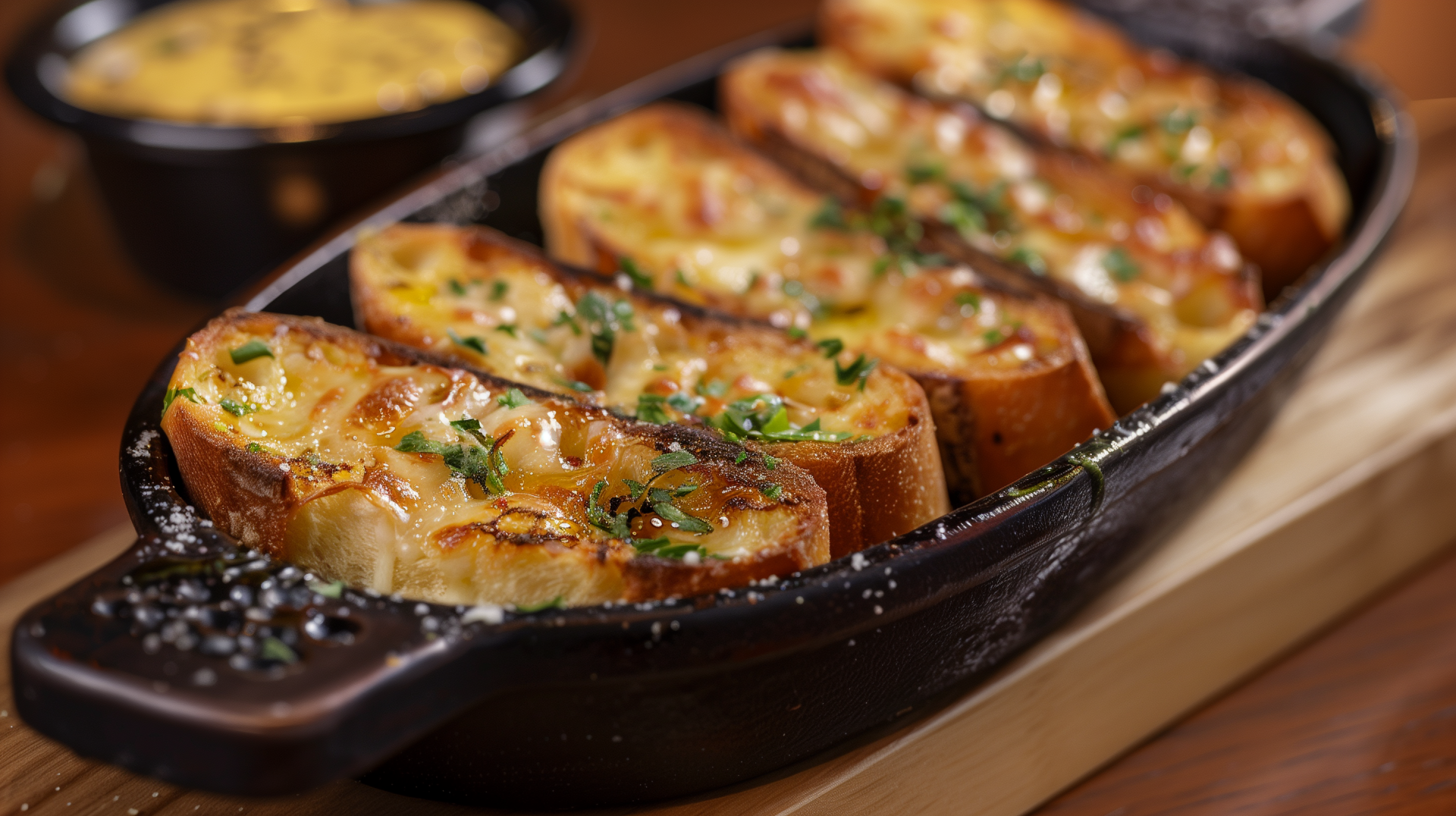 Delicious garlic bread sliced and baked to perfection, garnished with herbs, served in a cast iron dish. A mouthwatering food scene for an HD desktop wallpaper.