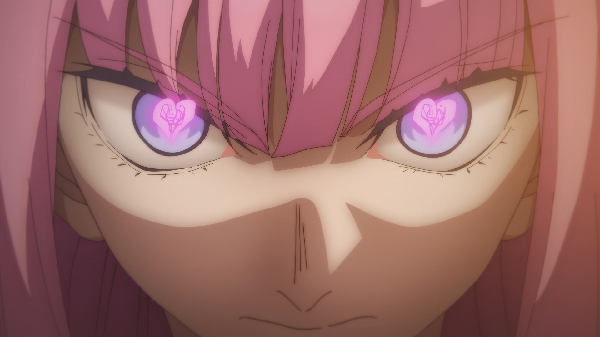 HD wallpaper from The Kingdoms of Ruin anime featuring a close-up of a character's intense face with pink hair and eyes with floral patterns.