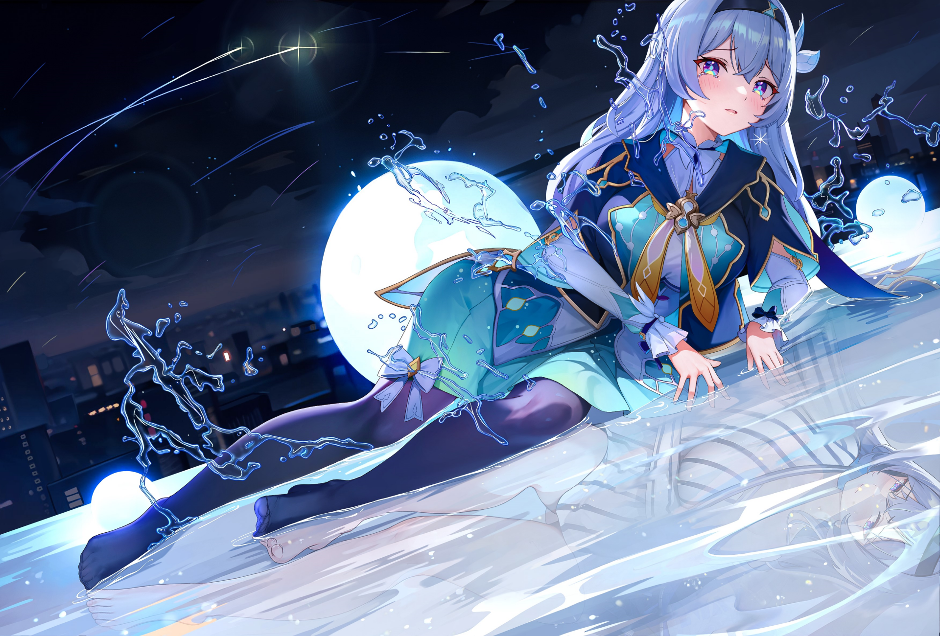 HD PC desktop wallpaper featuring Firefly from Honkai: Star Rail, depicted in a dynamic pose with glowing effects against a moonlit night background.