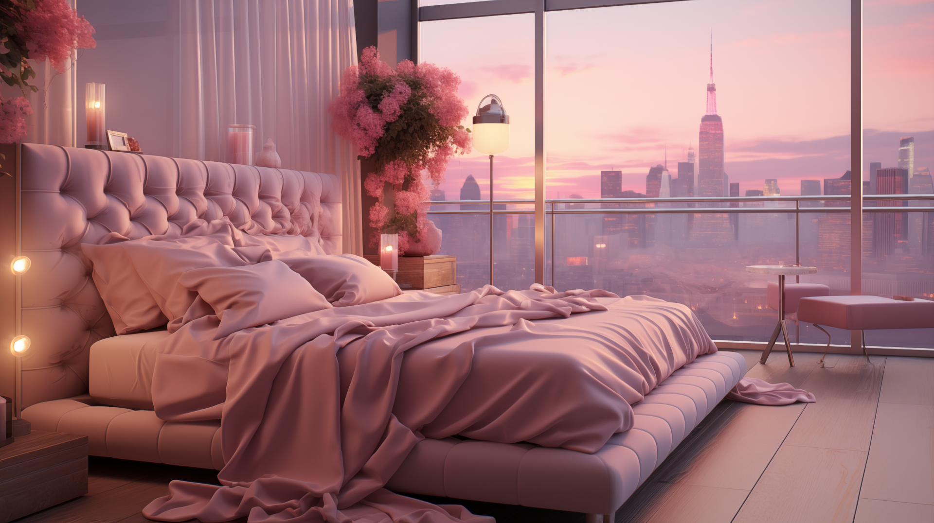 A cozy bedroom featuring a plush bed with soft linens and a beautiful cityscape view at sunset, enhanced by elegant decor and pink floral arrangements. HD desktop wallpaper option.