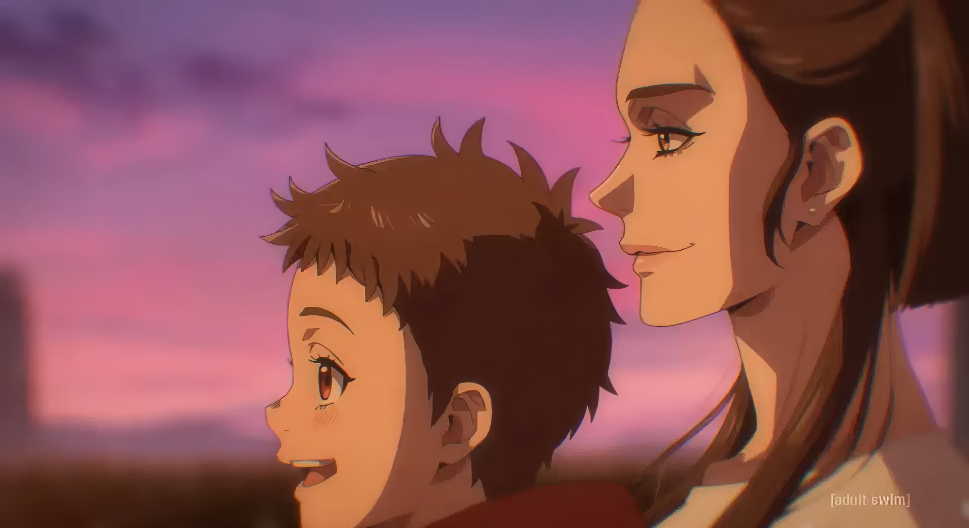 A captivating HD desktop wallpaper featuring characters from Ninja Kamui, showcasing a heartfelt moment between a child and an adult against a colorful sunset backdrop.