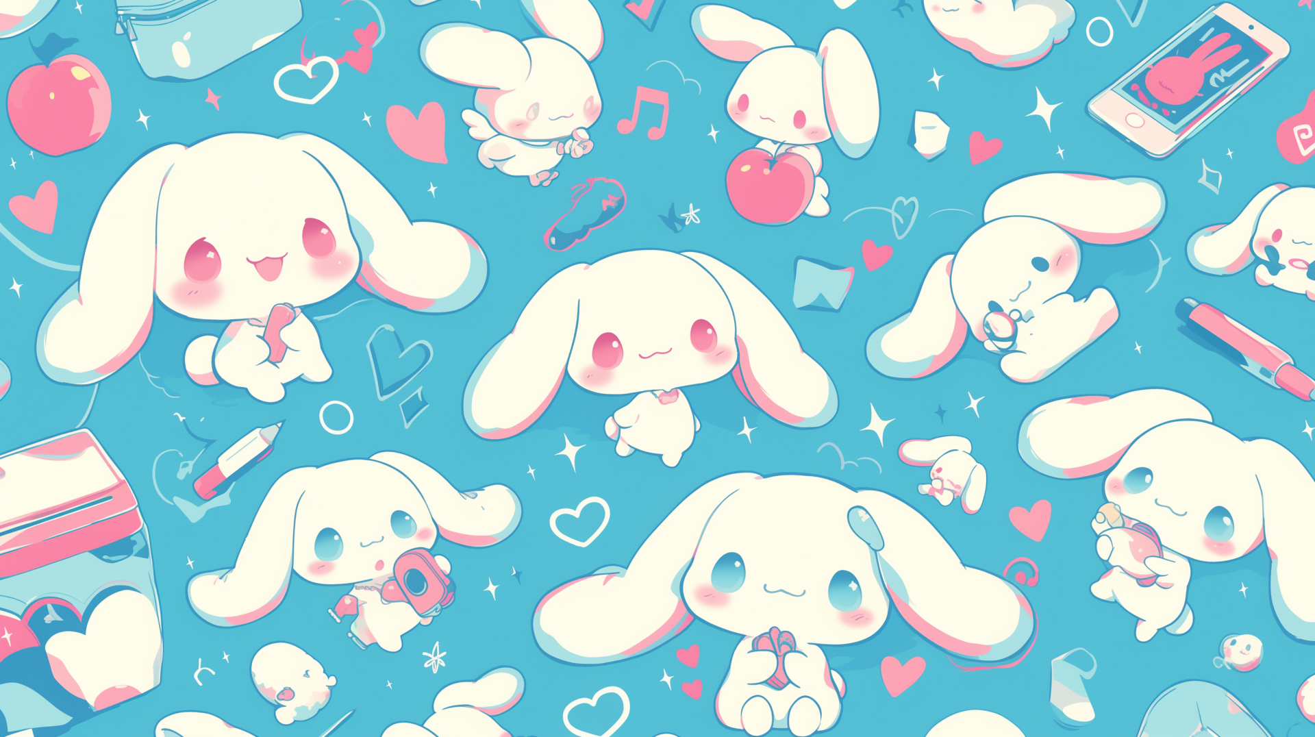 HD wallpaper featuring a cute pattern of Cinnamoroll, the Sanrio anime character, with hearts and accessories on a blue background.