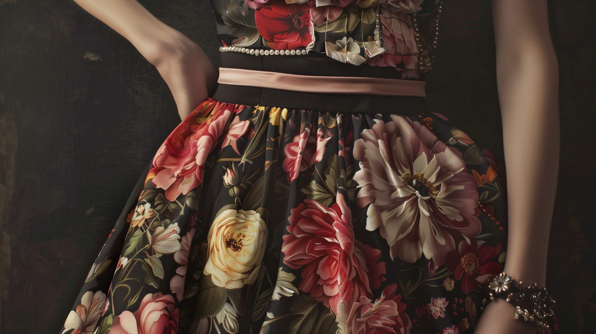 A close-up of a floral dress featuring vibrant roses and peonies, highlighted by a black background. This HD wallpaper showcases the intricate details and colors of the fabric beautifully.