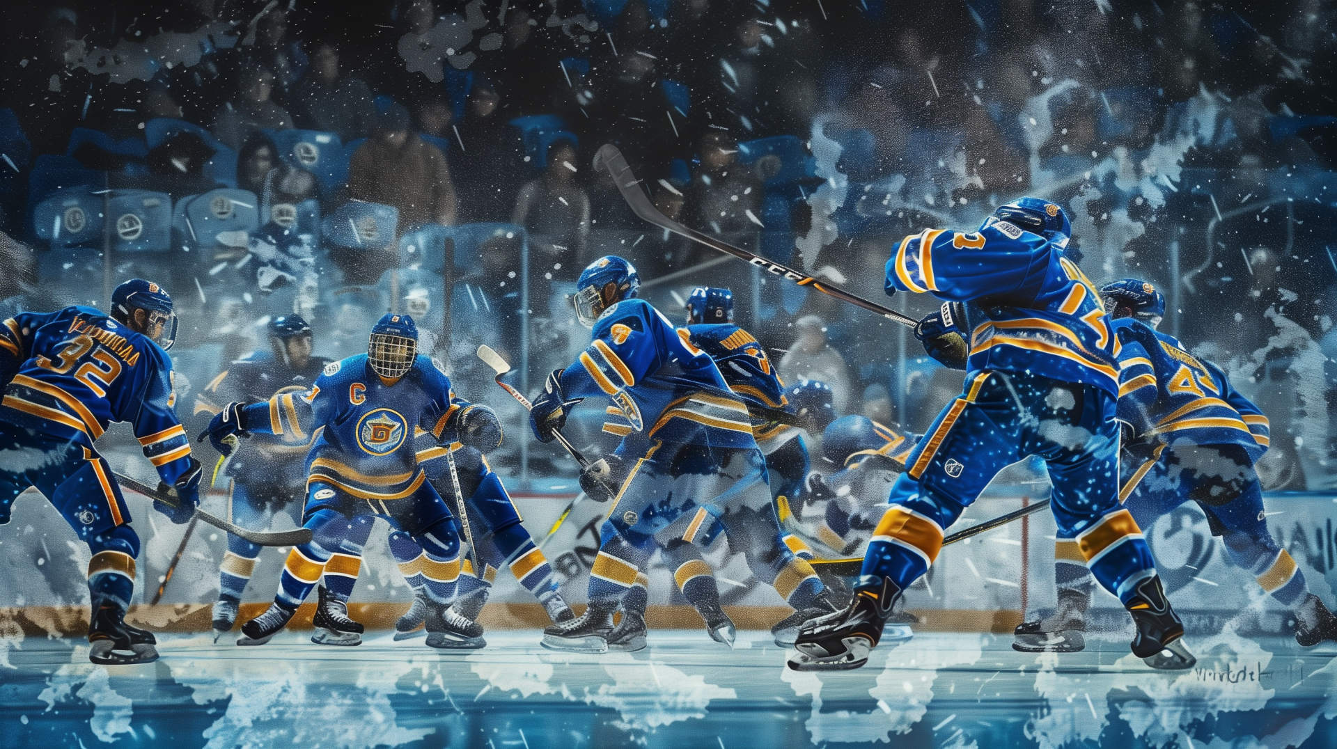 St. Louis Blues ice hockey team in action on the rink, HD desktop wallpaper featuring players in blue jerseys engaged in the sport with fans in the background.