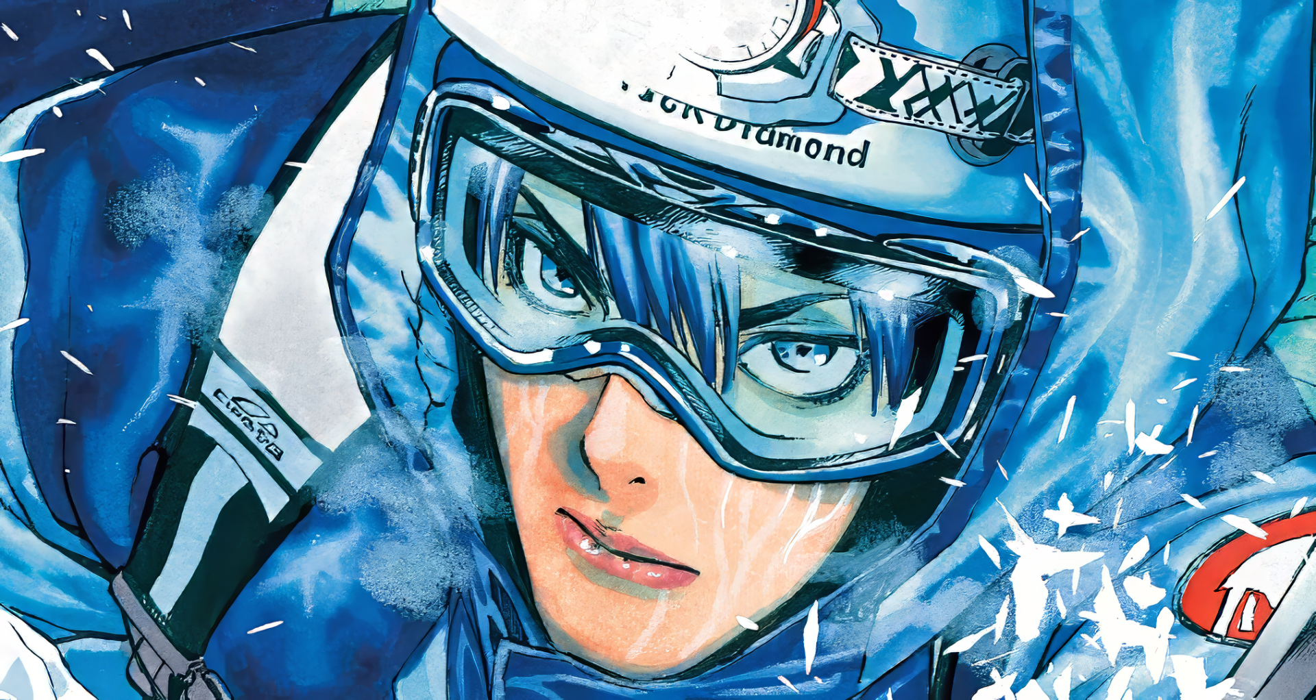 HD manga wallpaper featuring a close-up of a climber character from 'The Climber' series, wearing a blue helmet and goggles.