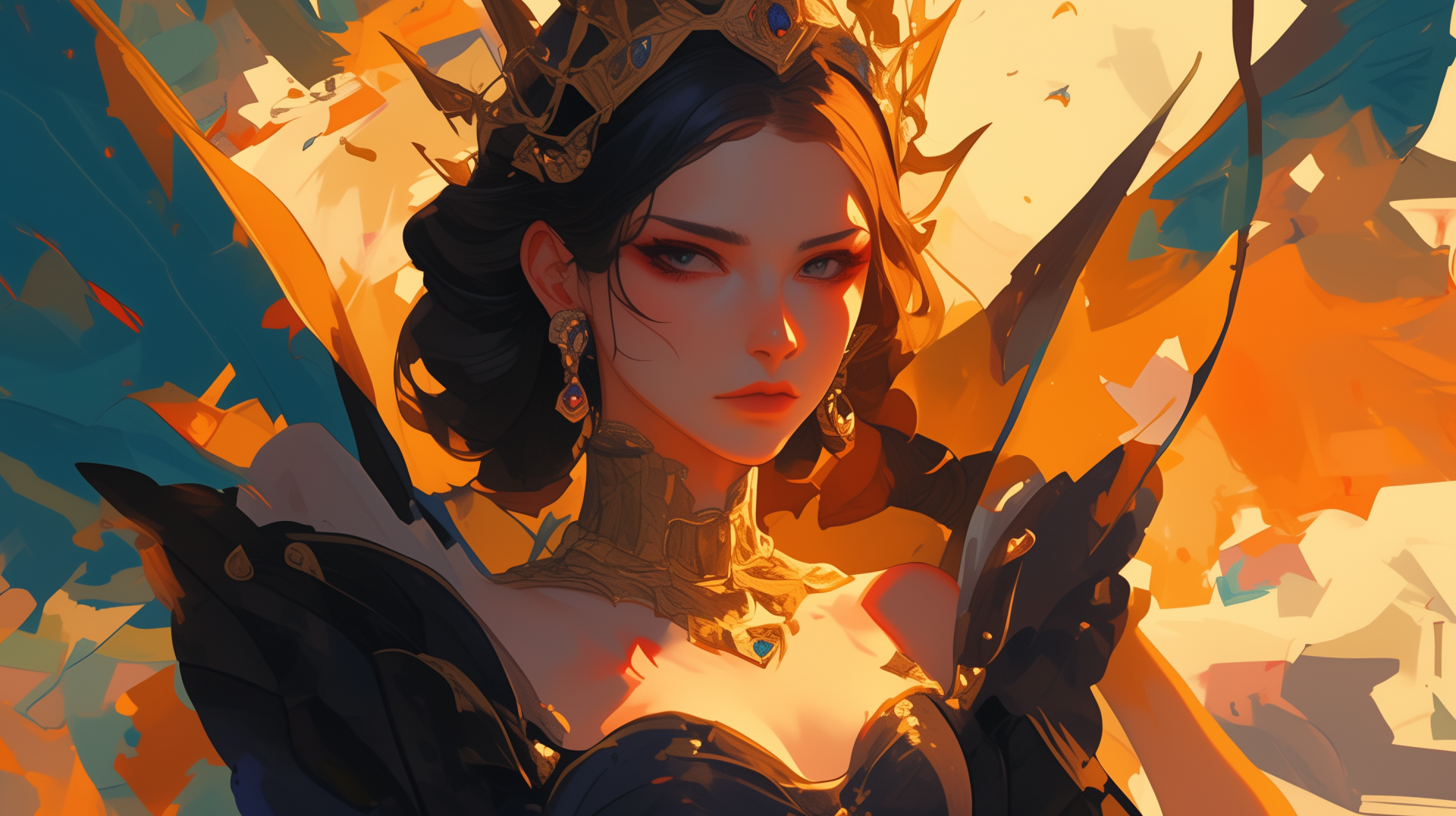 HD wallpaper of an illustrated queen with a regal crown and autumnal hues for desktop background.