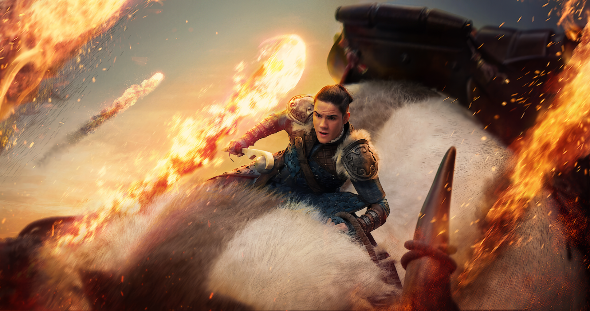 Sokka from Avatar: The Last Airbender in action, poised with a weapon amidst flames, in an HD desktop wallpaper background.