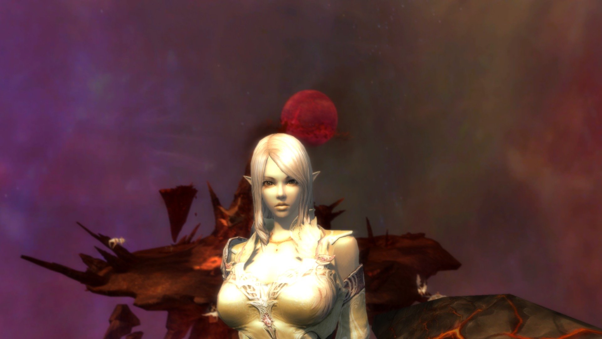 HD fantasy desktop wallpaper featuring a mystical elf with silver hair standing against a dark, atmospheric background with glowing red orbs.