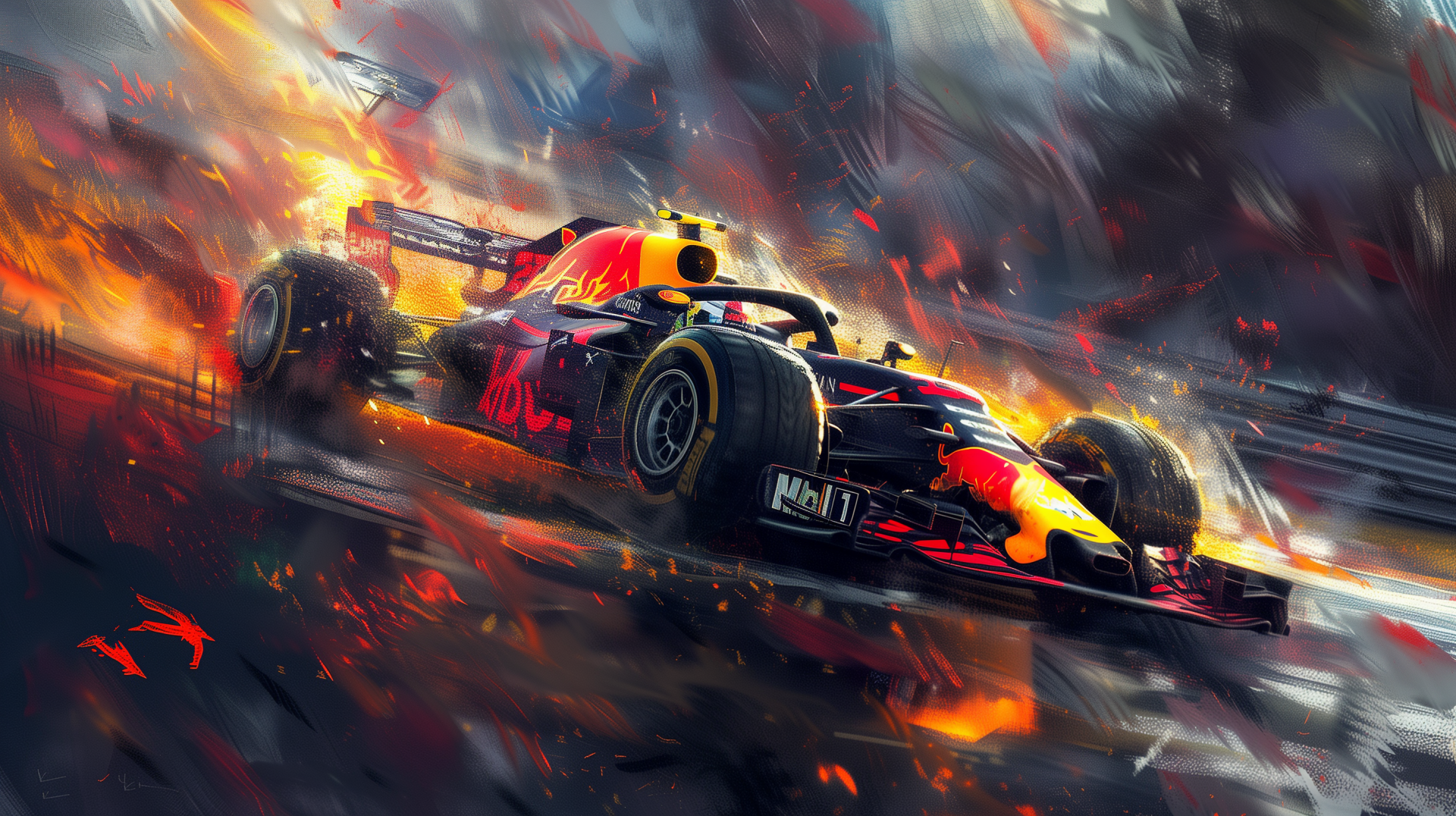 Dynamic HD wallpaper of a Red Bull Racing F1 car speeding through an intense scene of flames and motion, capturing the thrill of motorsport.