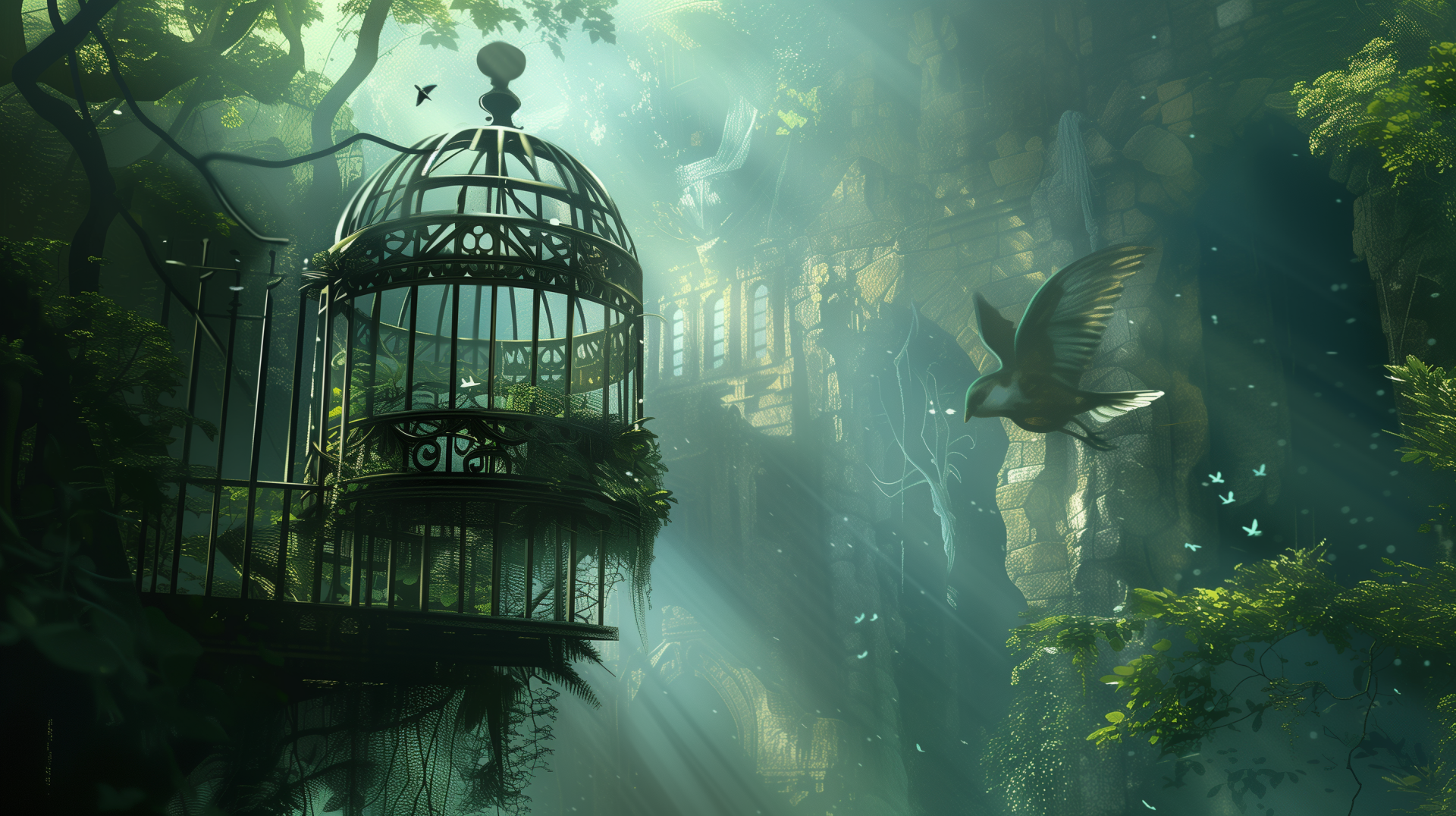 A mystical scene depicting a birdcage surrounded by lush greenery and soft rays of light, with a bird in flight, creating an enchanting HD desktop wallpaper.