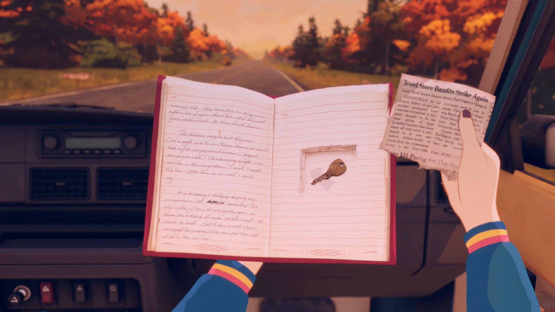 HD desktop wallpaper of Open Roads video game featuring a character's hands holding a journal and a note inside a car with a scenic autumn backdrop.