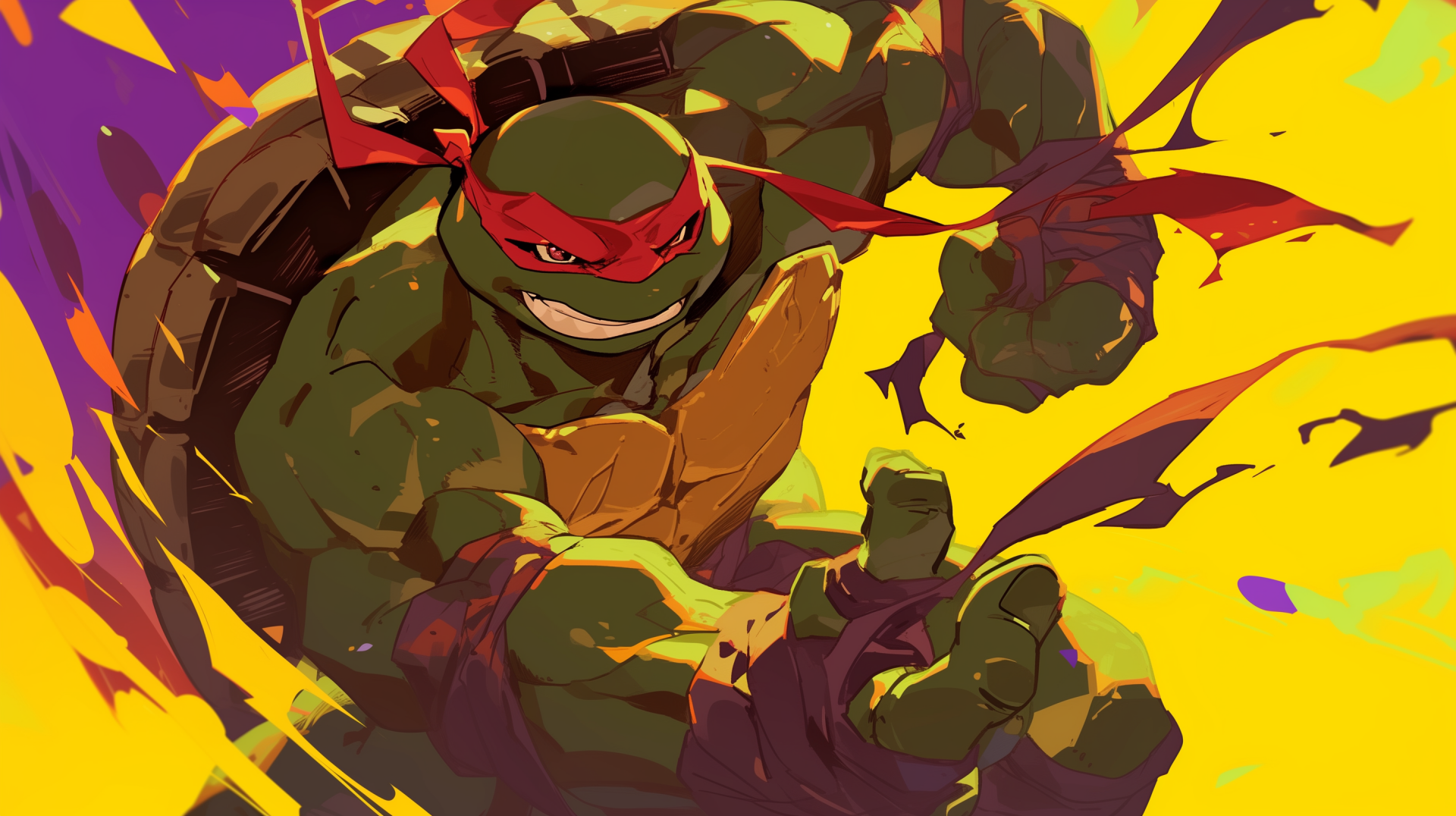 HD wallpaper featuring Raphael from Teenage Mutant Ninja Turtles, depicted in a dynamic comic style with vibrant yellow and orange background.