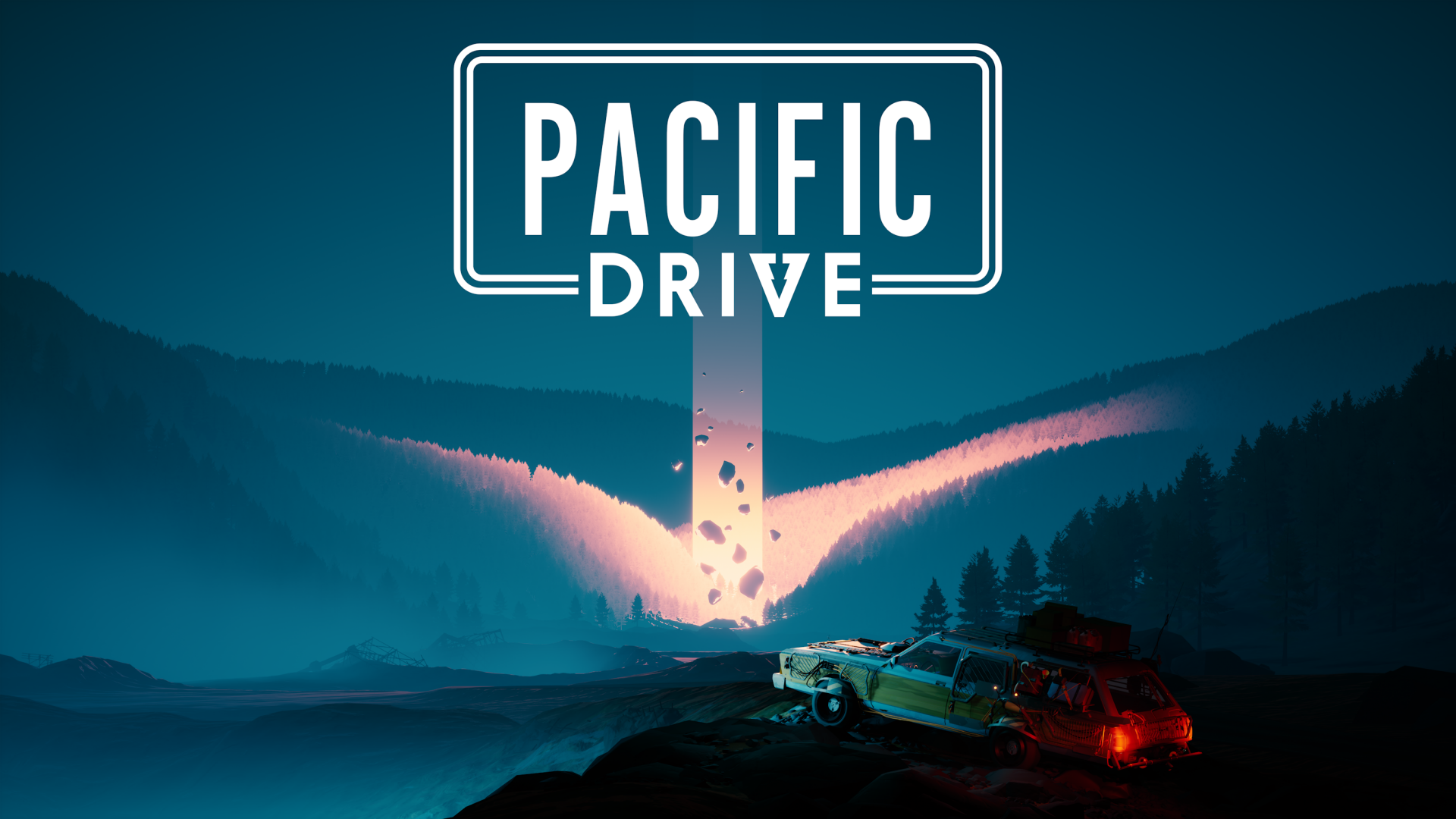 HD wallpaper featuring Pacific Drive video game with stylized title over a mystical nighttime landscape and glowing car headlights.