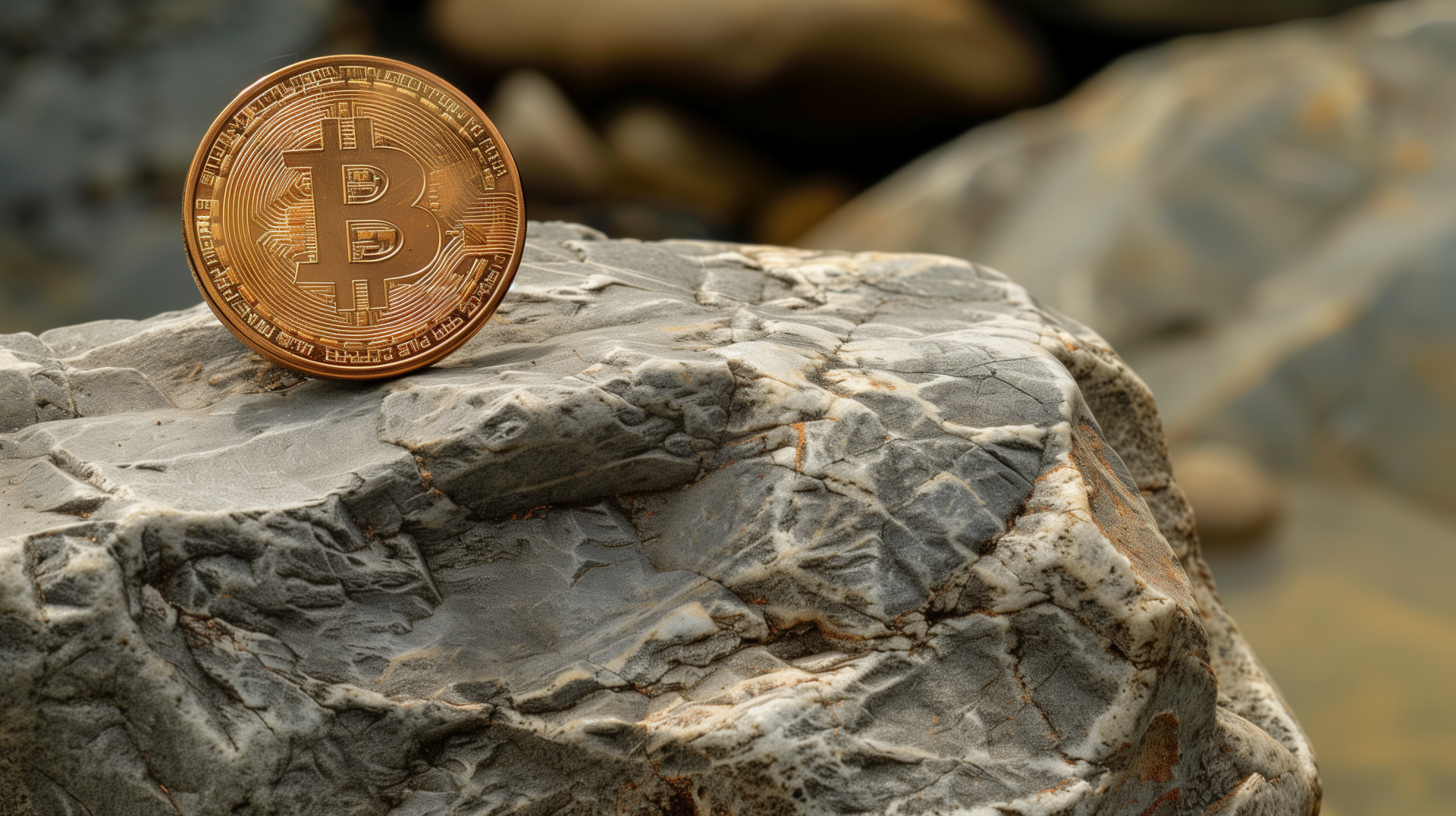 HD desktop wallpaper of a Bitcoin resting on a rugged rock, representing cryptocurrency.