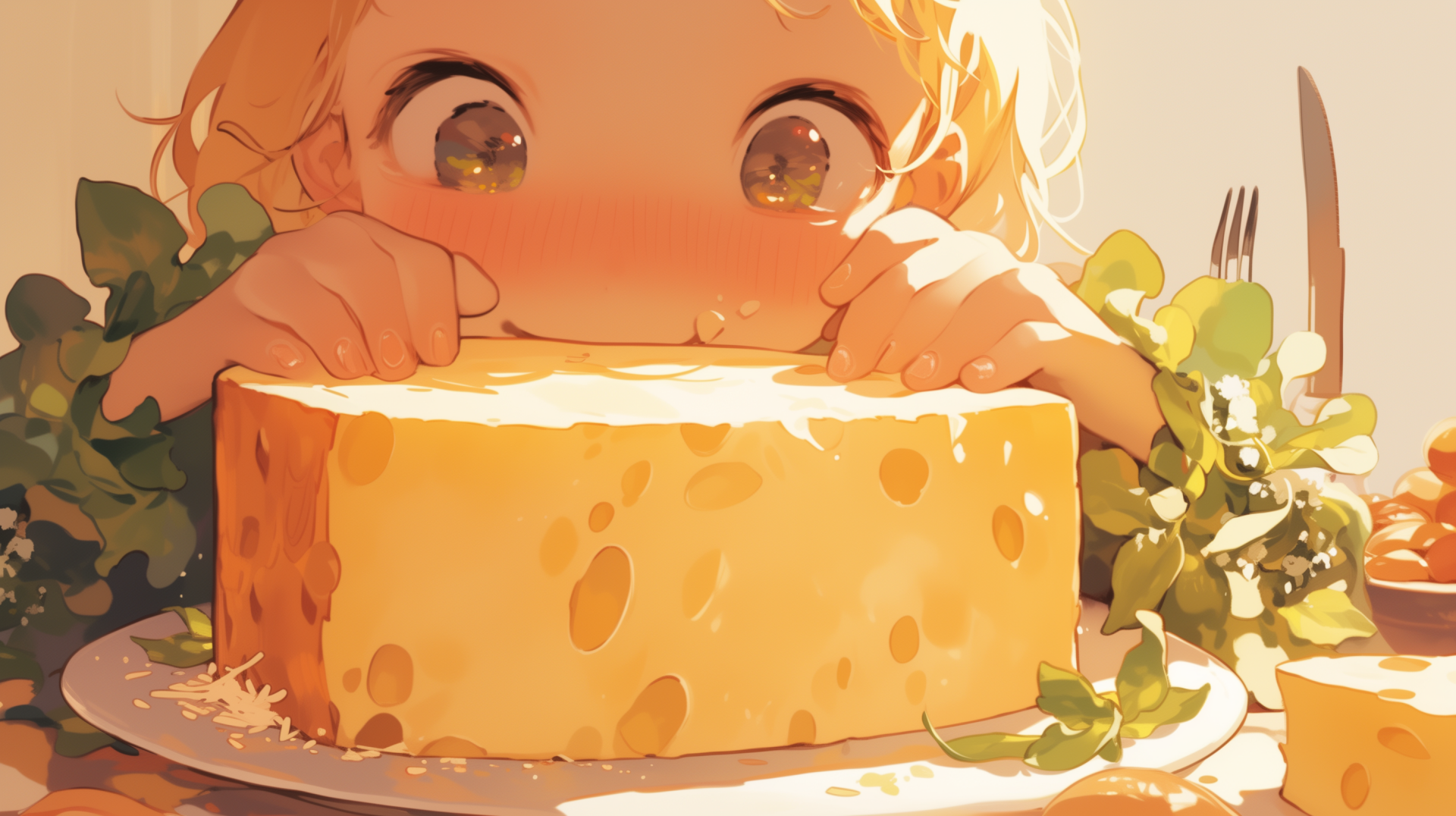 A cute illustration of a child peeking over a large wheel of Parmesan cheese, surrounded by greenery, serves as a vibrant HD desktop wallpaper.