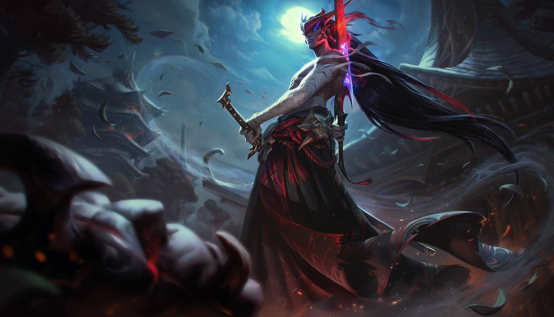 HD wallpaper of Yone from League of Legends, poised for battle under a stormy sky.