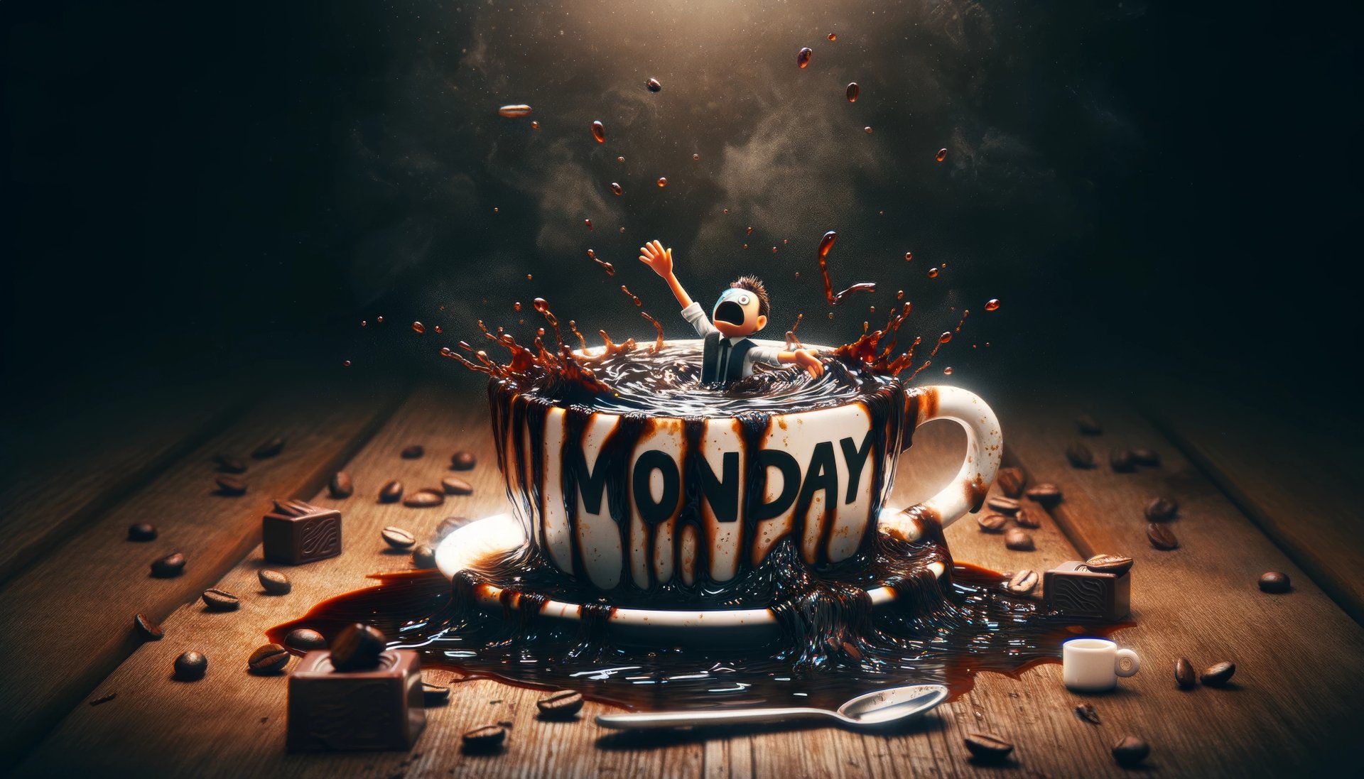 HD wallpaper of a dynamic coffee splash from a cup with MONDAY written on it, surrounded by coffee beans and chocolate, evoking a lively start to the week.