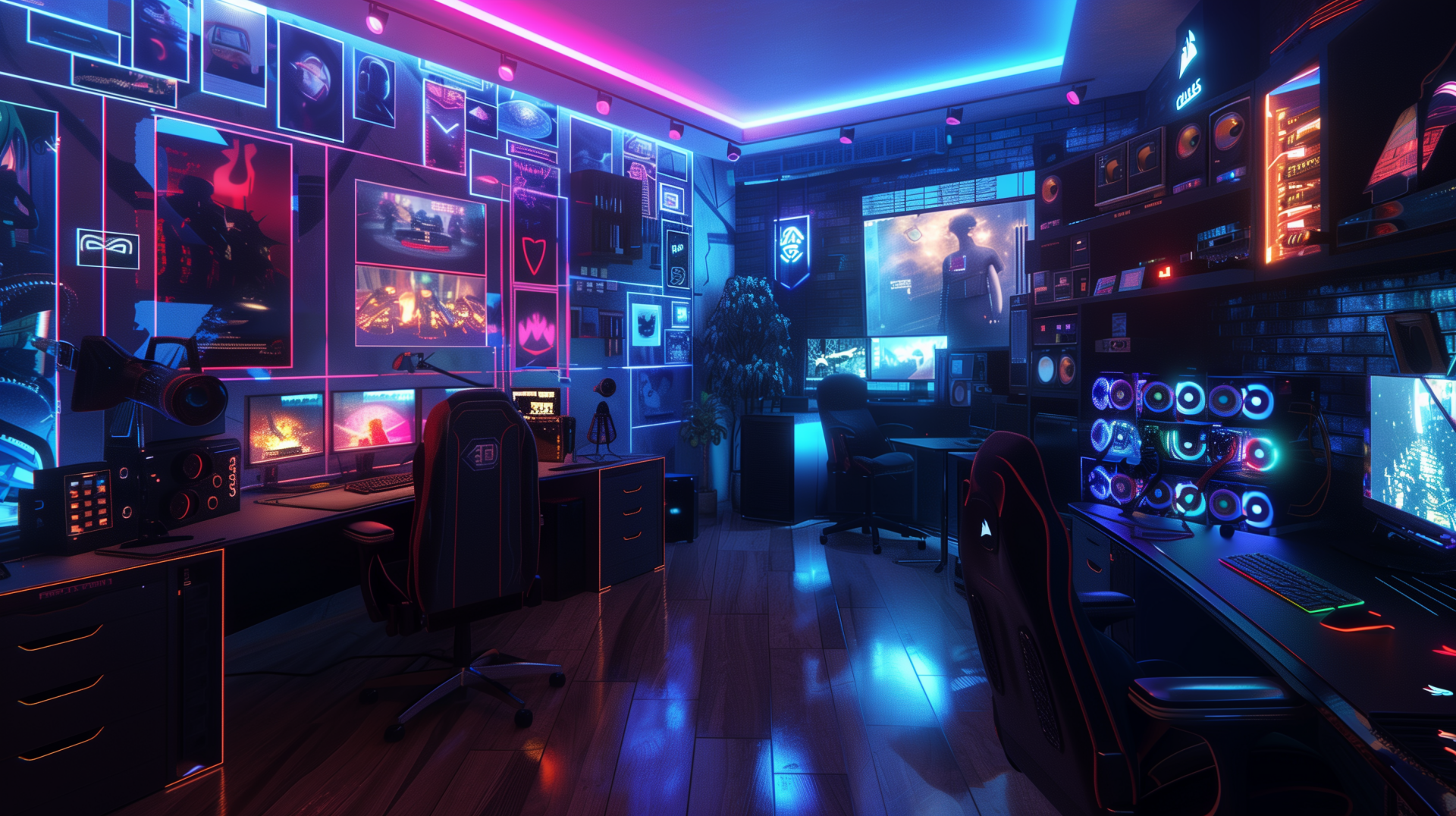 HD wallpaper of a vibrant game room interior with neon lights, multiple monitors, gaming chairs, and decorated walls.