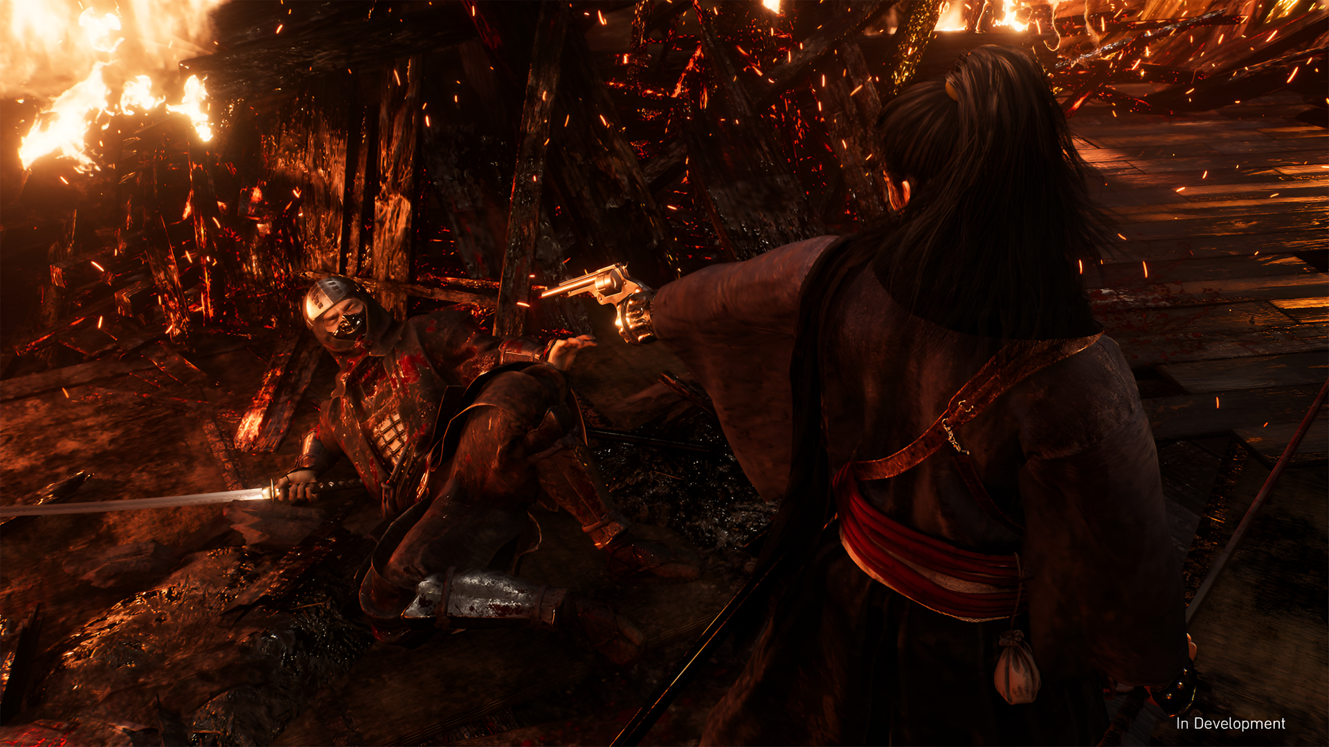 HD wallpaper featuring a scene from the video game Rise of the Rōnin with a samurai warrior in a tense battle amid fiery ruins.