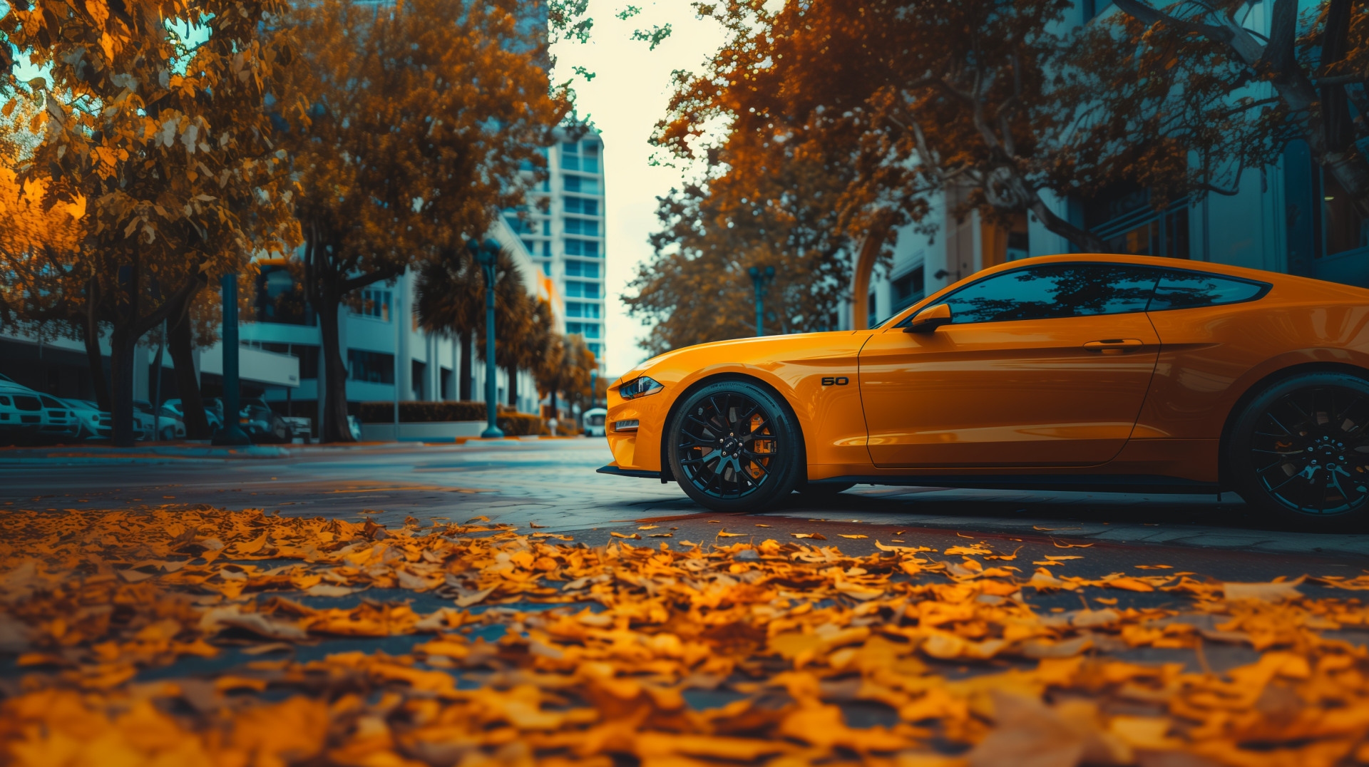 Orange Ford Mustang HD wallpaper with a background of autumn leaves on a city street.
