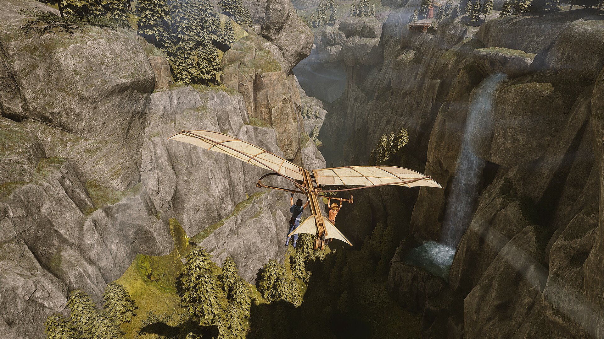 HD wallpaper featuring a scene from Brothers: A Tale of Two Sons Remake with characters gliding over a canyon using a makeshift hang glider in a breathtaking landscape for a desktop background.